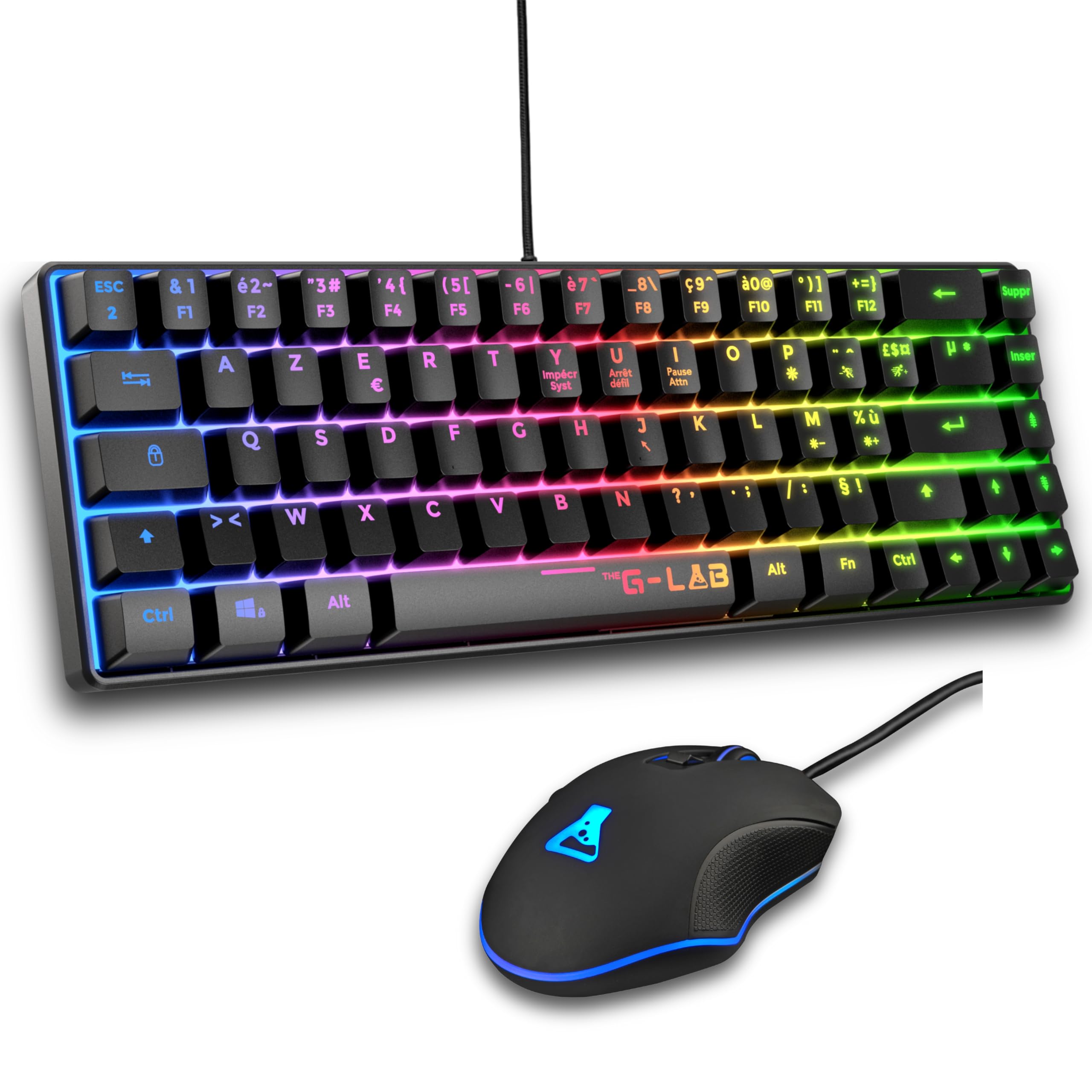 The G-Lab - Combo Hydrogen Gaming-Tastatur, 60% kabelgebunden, RGB-Hintergrundbeleuchtung, AZERTY FR, kompaktes Format + Gaming-Maus, 6 Tasten, 7200 DPI – PC/PS4/PS5 – Schwarz