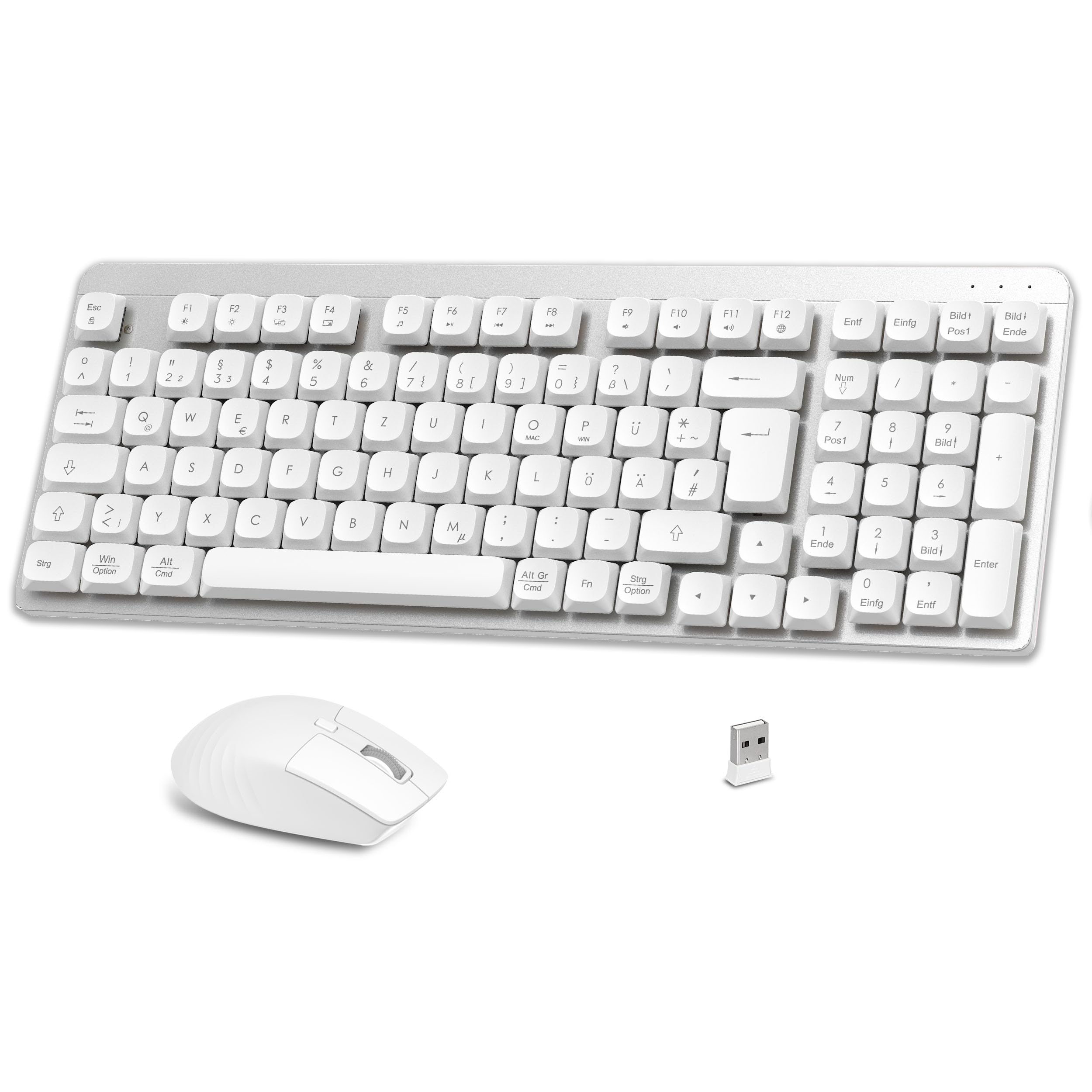 LeadsaiL FA98 Mechanische Tastatur und Maus Set Kabellos, QWERTZ Layout Funktastatur mit Maus, Low-Profile Rotem Schalter, 98 Tasten Kompakte Keyboard,1600 DPI Mouse für Windows MacOS PC Laptop-Silber