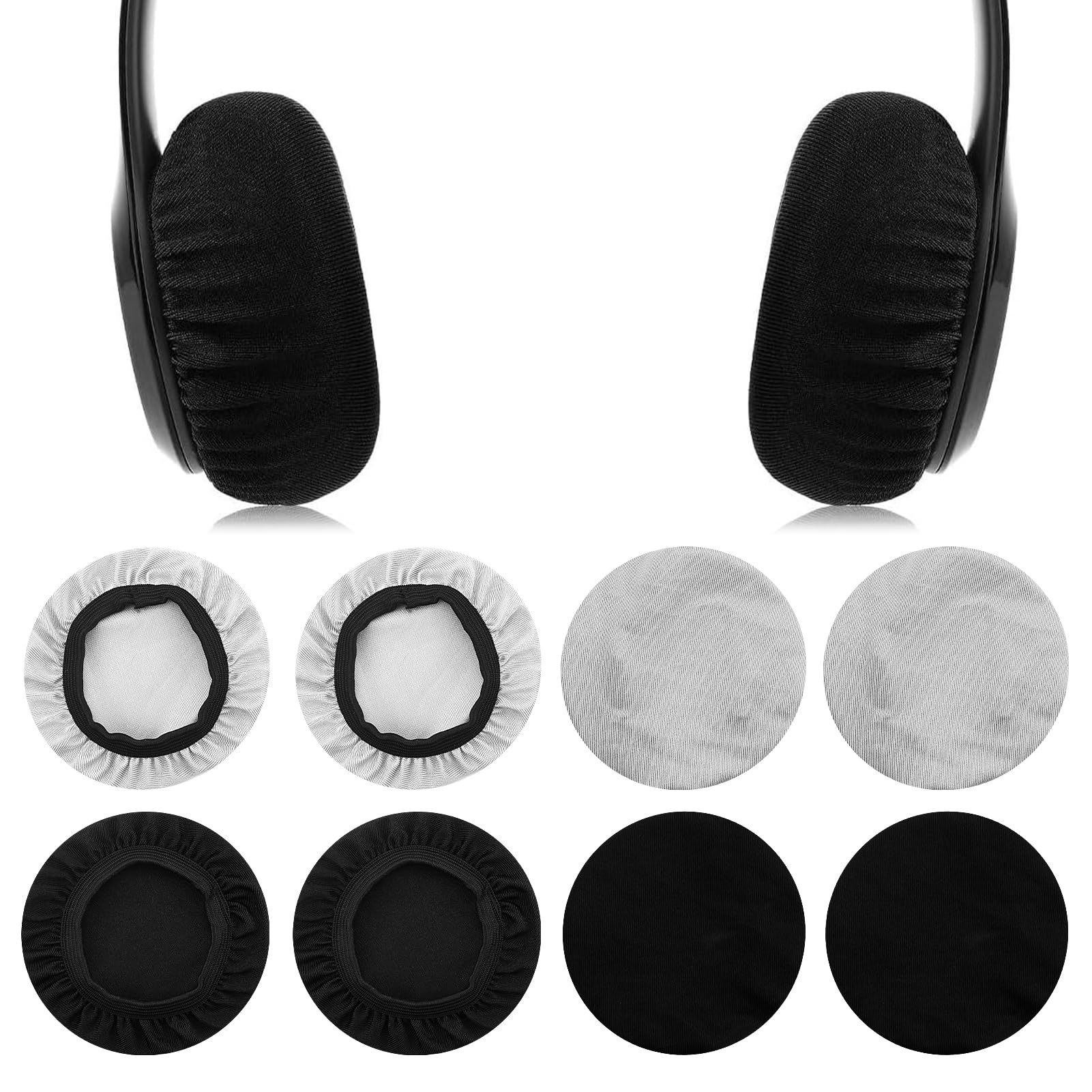 6 Stück Kopfhörer Ohrpolster, Dehnbare waschbare Kopfhörer-Abdeckungen, Kopfhörer-Ohr Abdeckungen aus flexiblem Stoff, Headset Ohrpolster, Schweißschutz für Fitnessstudio, Gaming (Schwarz & Grau)