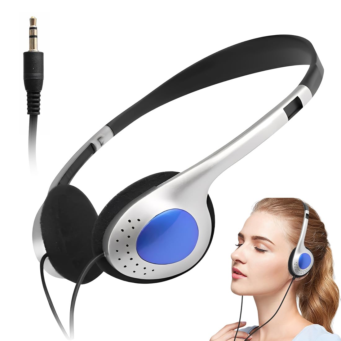 1 Stück Retro-Kopfhörer Over-Ear im 80er Design – Leichtgewicht Stereo-Kopfhörer mit Kabel für Smartphones, Inklusive Ohrpolster aus Schaum und 3,5mm Klinkenstecker,Blau