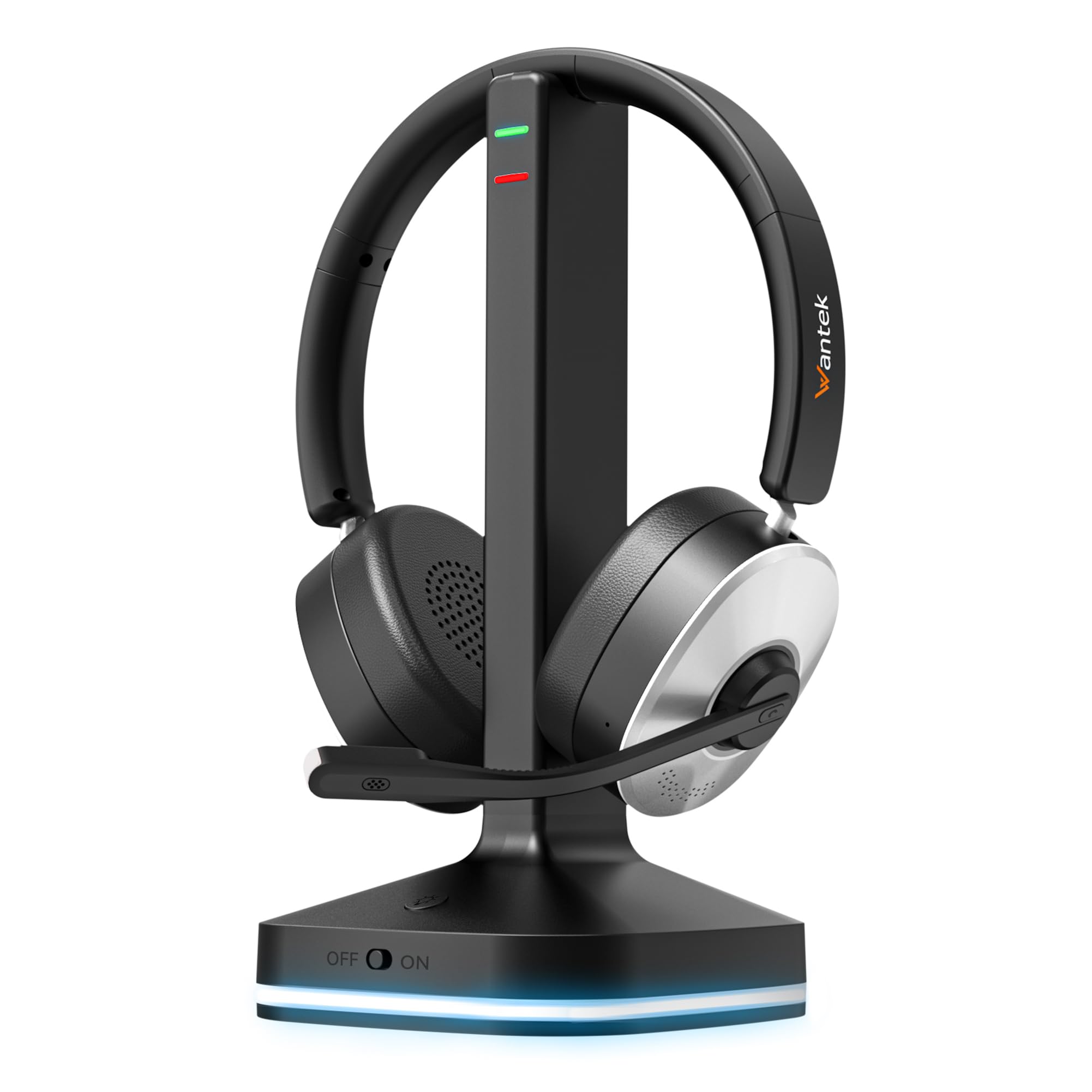 Wantek Bluetooth Headset mit Mikrofon,Kabelloses Headset mit USB-Dongle & Ladestation,Noise Cancelling Mikrofon,55 Std.Akku,Stummschalttaste,Büro Headset für PC Laptop,Handy,Home Office,Teams Zoom