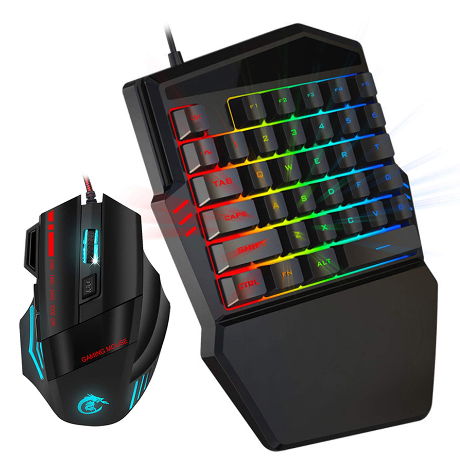 FTVOGUE J50 Gaming-Tastatur-Maus-Kombination, Einhändige Tastatur mit LED-Hintergrundbeleuchtung und 5 Einstellbaren DPI, Ergonomische Maus für PC Mac OS X, 35 Tasten, Kompaktes Design für Gamer