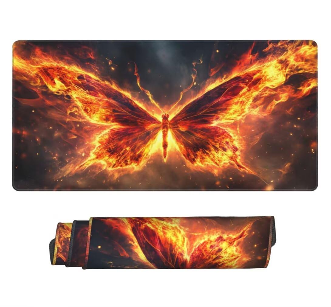 Gaming Mauspad XXL Orange, Großes Mousepad 1000 x 500 x 3 mm, Mouse Pad Groß, Schreibtischunterlage Flammenfalter Wasserdicht, Genähte Kanten Mauspads, rutschfeste Gummibasis Maus Pad -MP825