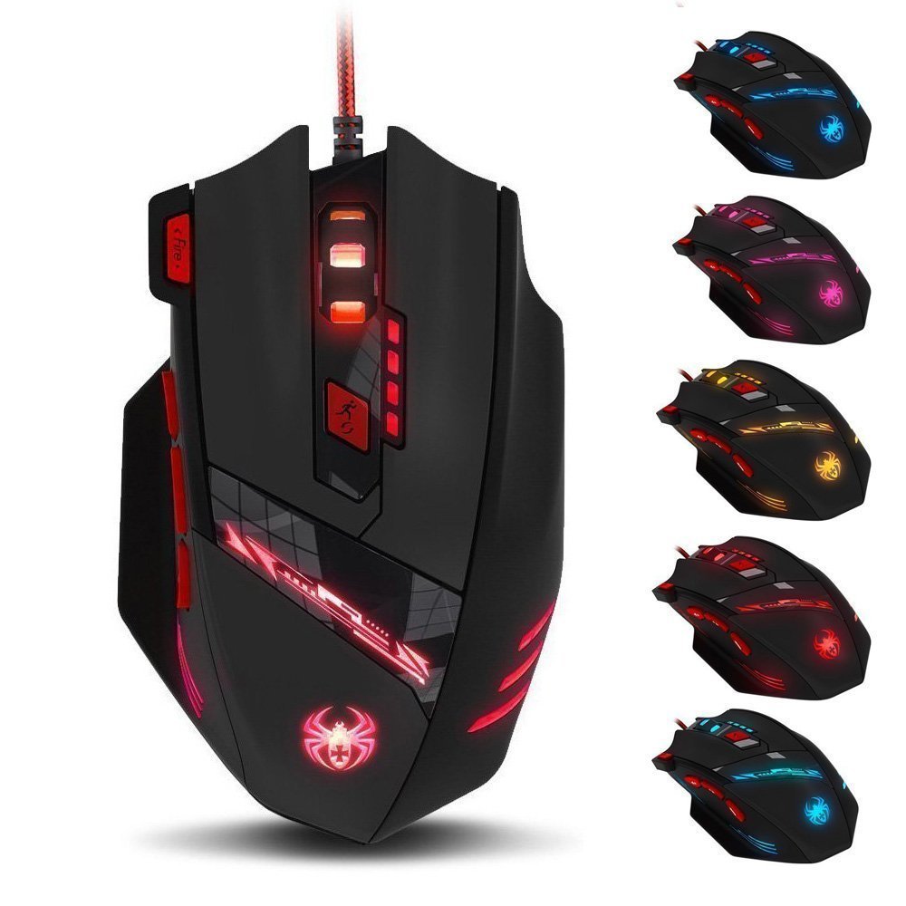 zelotes Kabelgebundene Gaming-Maus, 9200 DPI, 8 programmierbare Tasten, 8 Gewichtsblöcke, Multi-Modi-Hintergrundbeleuchtung, ergonomisches Design, optische USB-Gaming-Maus für Laptop, PC, Mac, Schwarz