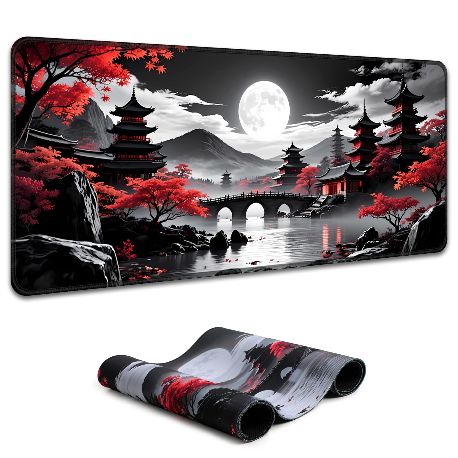 Simpkeely Großes Japanisches Mondlandschaft Gaming Mauspad – Schwarze Pagoda Landschaft mit Roten Ahornbäumen, XXL Desk Mat mit Rutschfester Gummibasis, Wasserfest für Büro & Gaming – 80 x 30 cm