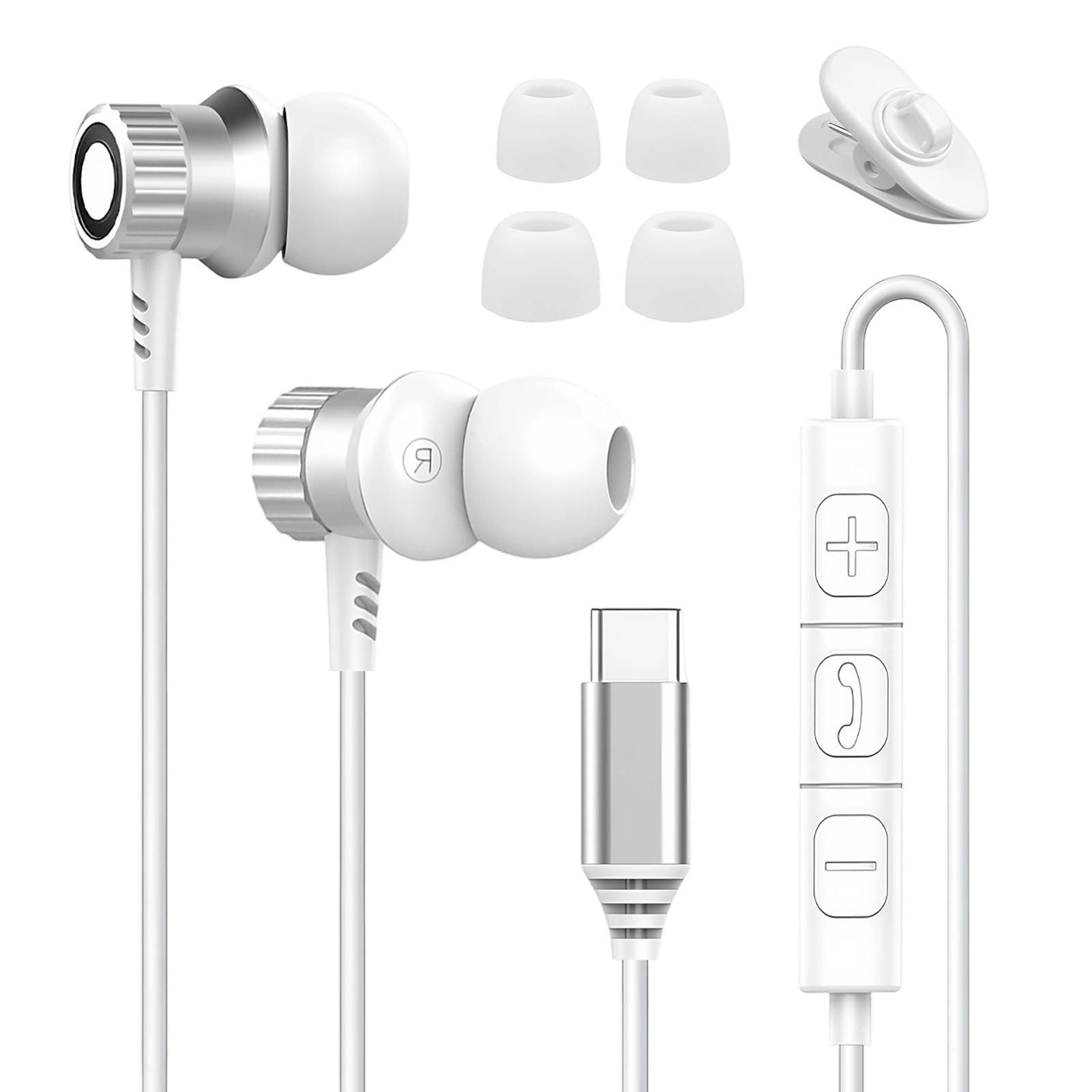 Kopfhörer mit Kabel USB C In Ear Headset mit Mikrofon HiFi Metall Ohrhörer für iPhone 17 16 15 Pro Max, Typ C Kopfhörer kompatibel mit Galaxy A17 A16 A26 A35 A54 A55 A56 S21 S22 S23 S24 S25 (Weiß)