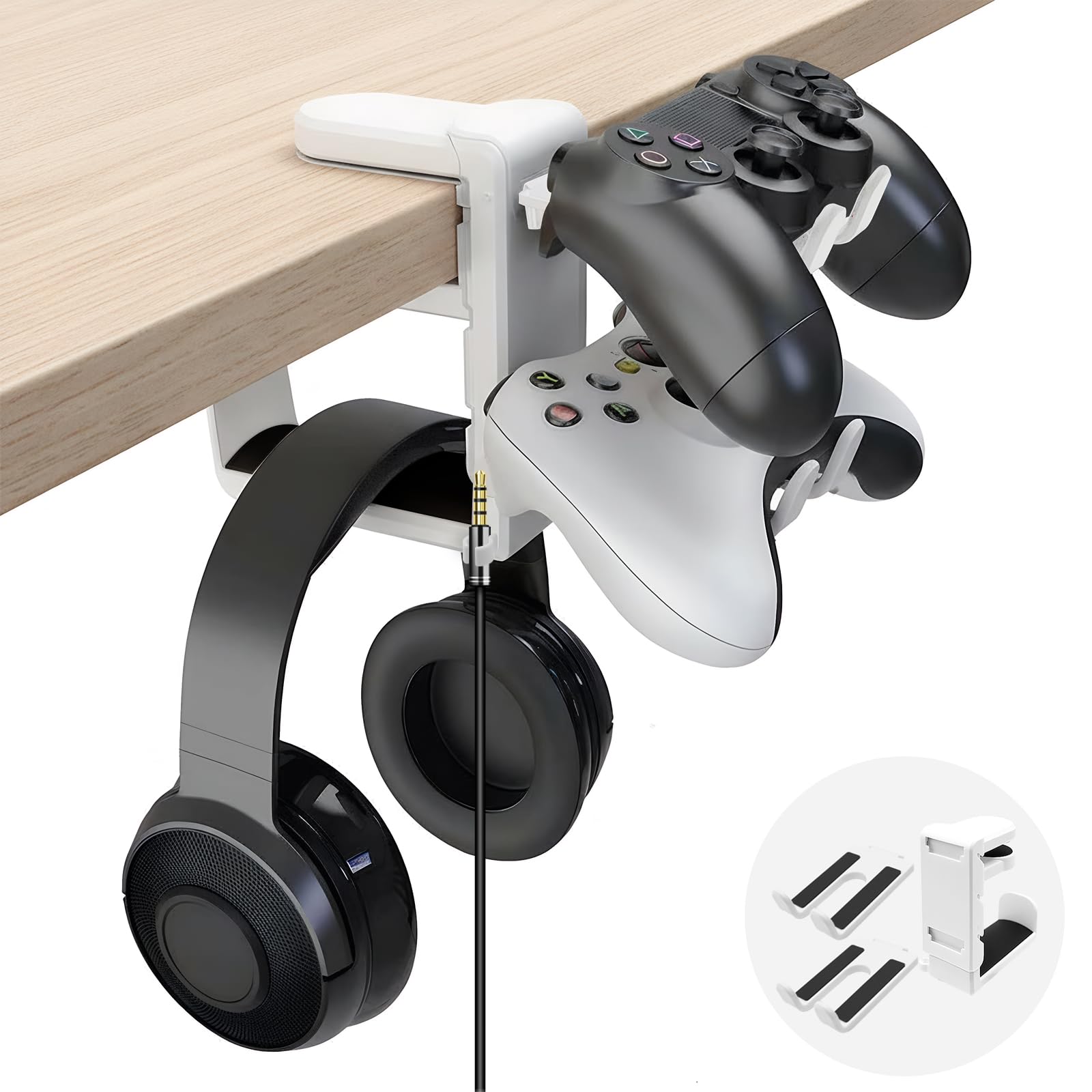 2 in 1 Kopfhörer Ständer Controller Halter, 360° Drehbar Headset Halterung Tisch mit Kabel Organizer, Universal Kopfhörerständer Gaming Zubehör (Weiß)