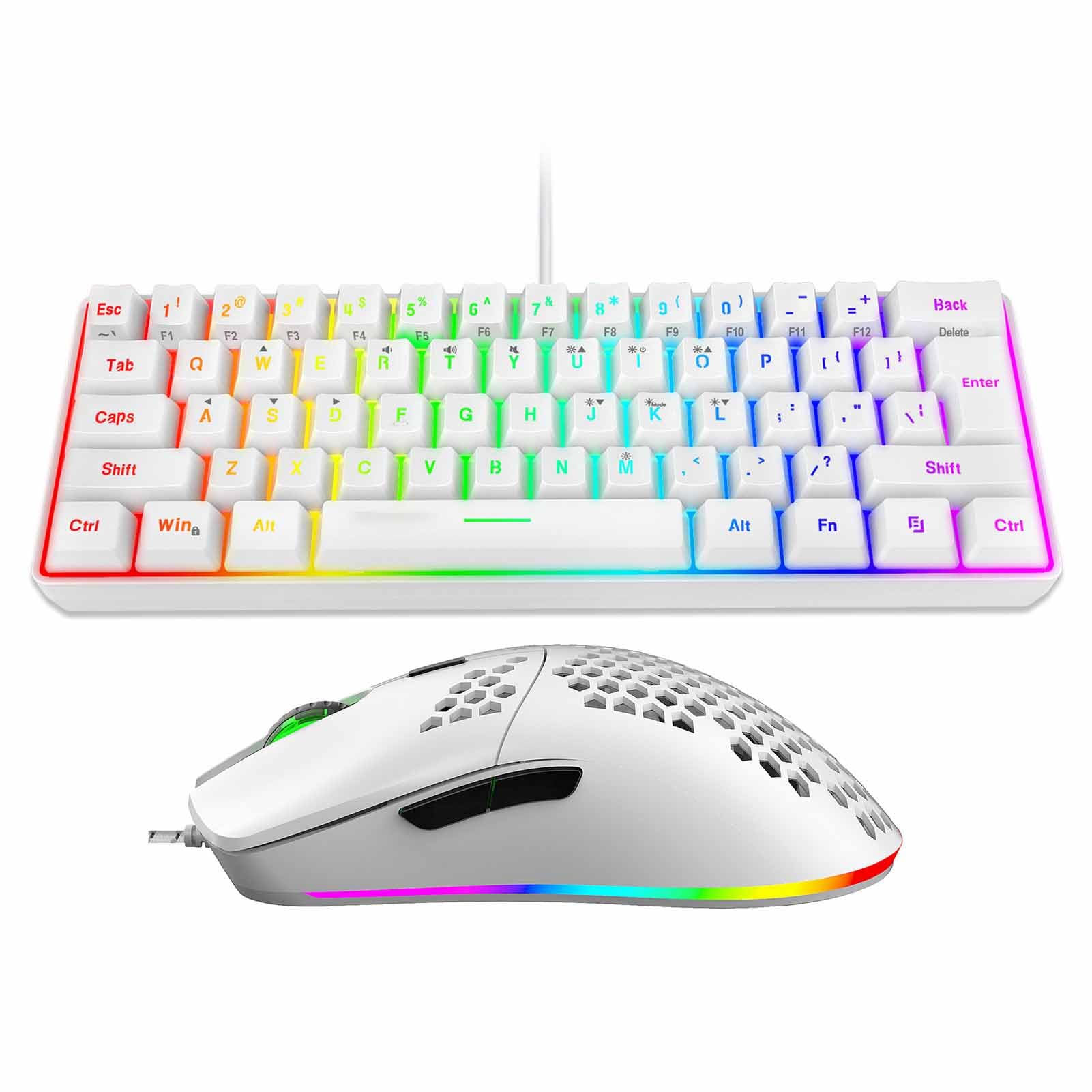 VBESTLIFE Kabelgebundenes Gaming-Tastatur- und Maus-Set, RGB-hintergrundbeleuchtete 61-Tasten-Tastatur mit Multimedia-Funktionstasten und Ergonomischer Maus, für PC-Computer-Gaming-Arbeit (Weißes