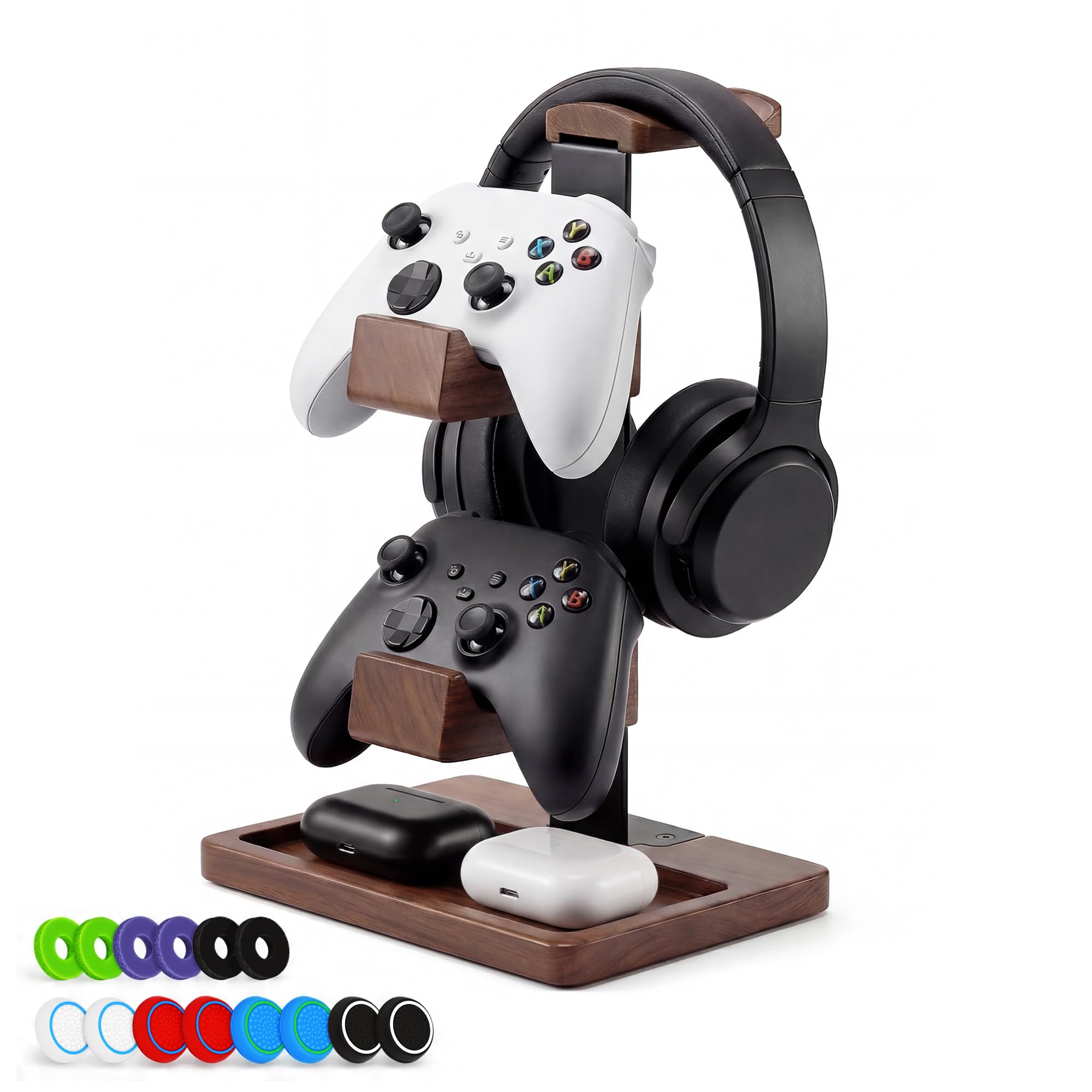 2-in-1-Controller-Halter und Kopfhörer-Ständer, doppelstöckiges Aufbewahrungsregal ausMassivholz für Gaming-Zubehör. Halter für universelle Gaming Controller/Kopfhörer(Baum Braun)