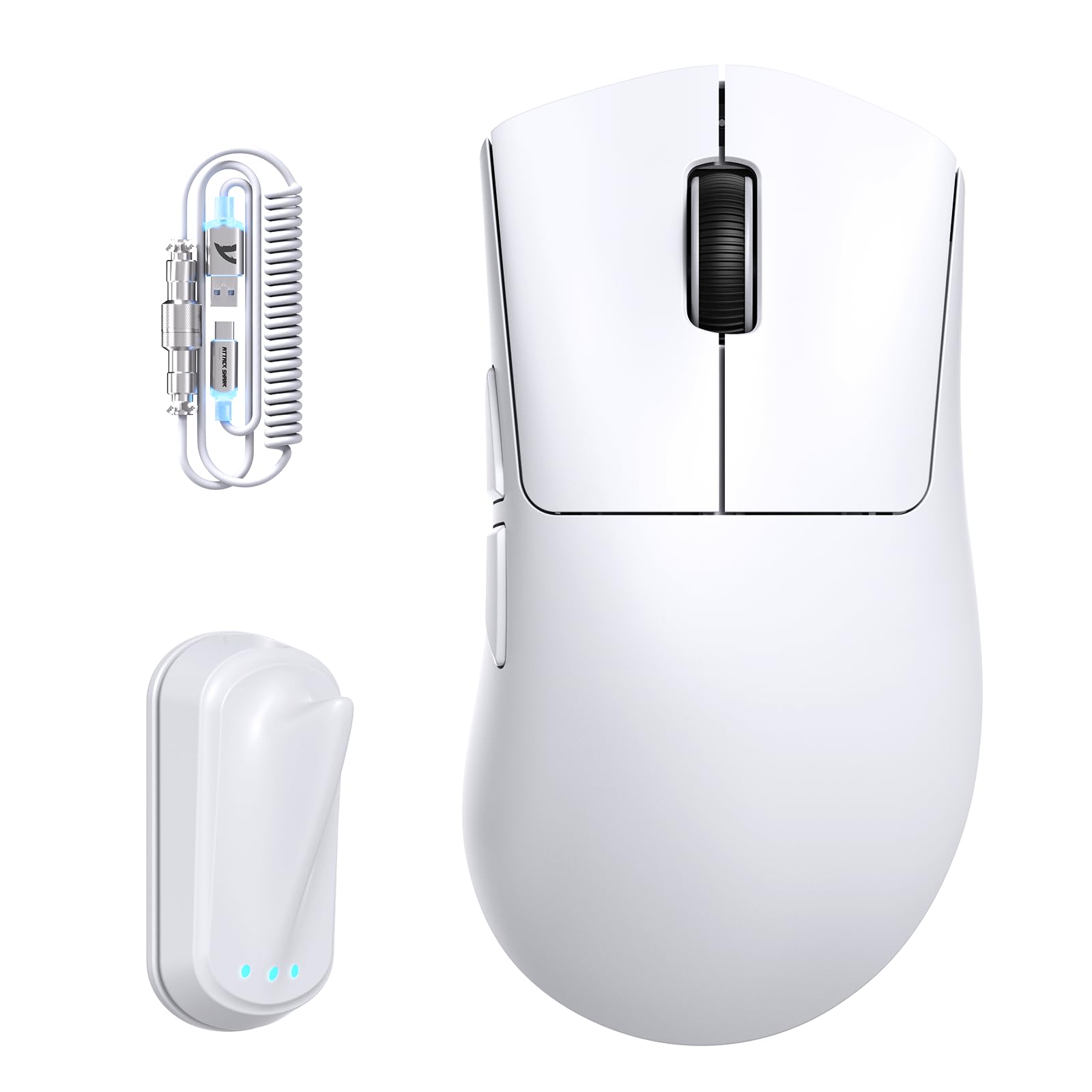 ATTACK SHARK V8 Wireless Gaming Maus mit LED Spiralkabel, Nordic 54L15 Chip, PAW3950MAX, 42000DPI, Dual 8000Hz, 59g Ultraleicht für Große Hände, Hai-Flossen-Dongle Design, 2.4Ghz/BT/Kabel für PC, Weiß