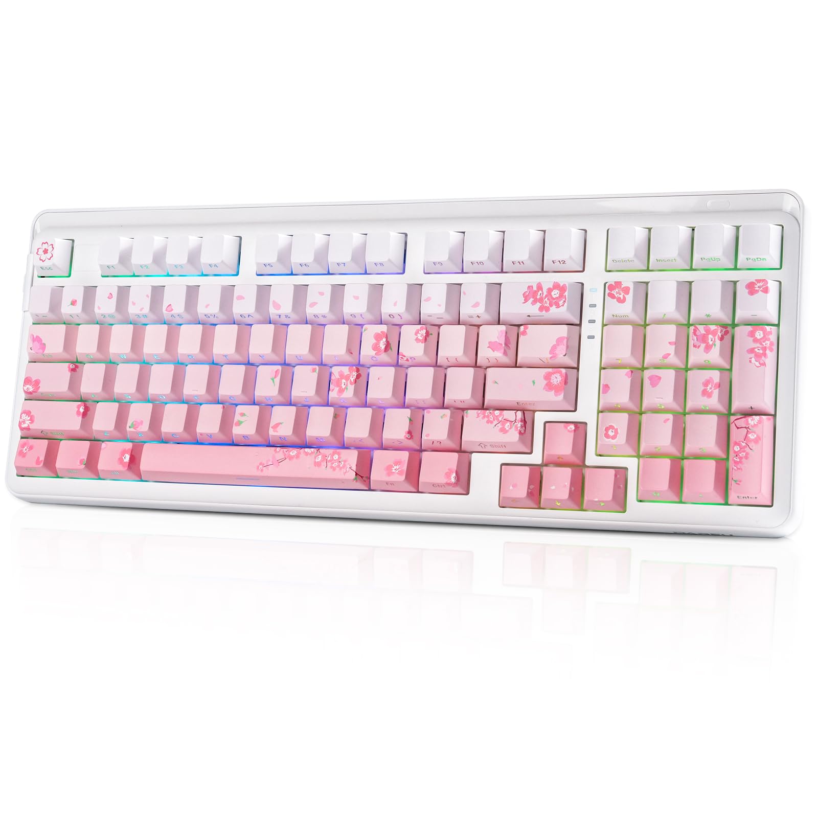 DAREU EK98PRO Sakura Pink Mechanische Gaming Tastatur, 2.4Ghz/BT5.1/USB-C Mechanical Keyboard, 98% QWERTY RGB Gaming Tastatur Kabellos mit Seitlich Graviert, Gasket Mount, Hot Swap,Linear Cloud Switch