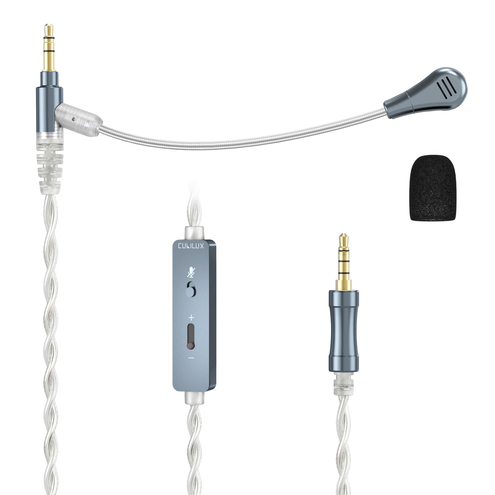 Cubilux 3,5 mm Kopfhörerkabel mit Boom Mikrofon, Mute Schalter und Lautstärkeregler, versilbertes AUX Ersatzkabel für Voice Chat und Anrufe, kompatibel mit WH1000 XM6 XM5 XM4, Studio Pro, Solo, 1,2 m