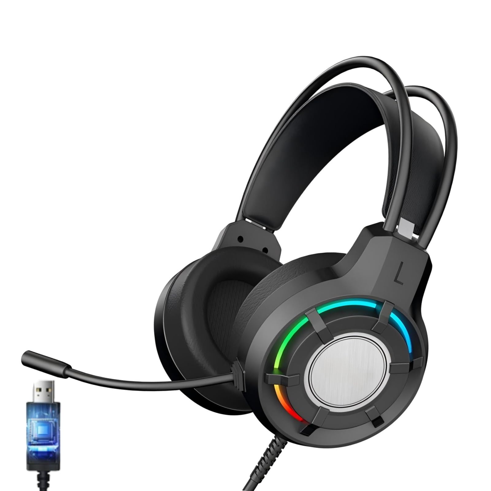 RGB Gaming Headset mit Mikrofon USB PC Gaming Kopfhörer mit 2m Kabel Plug & Play, USB Over-Ear Headset für PC Laptop Desktop