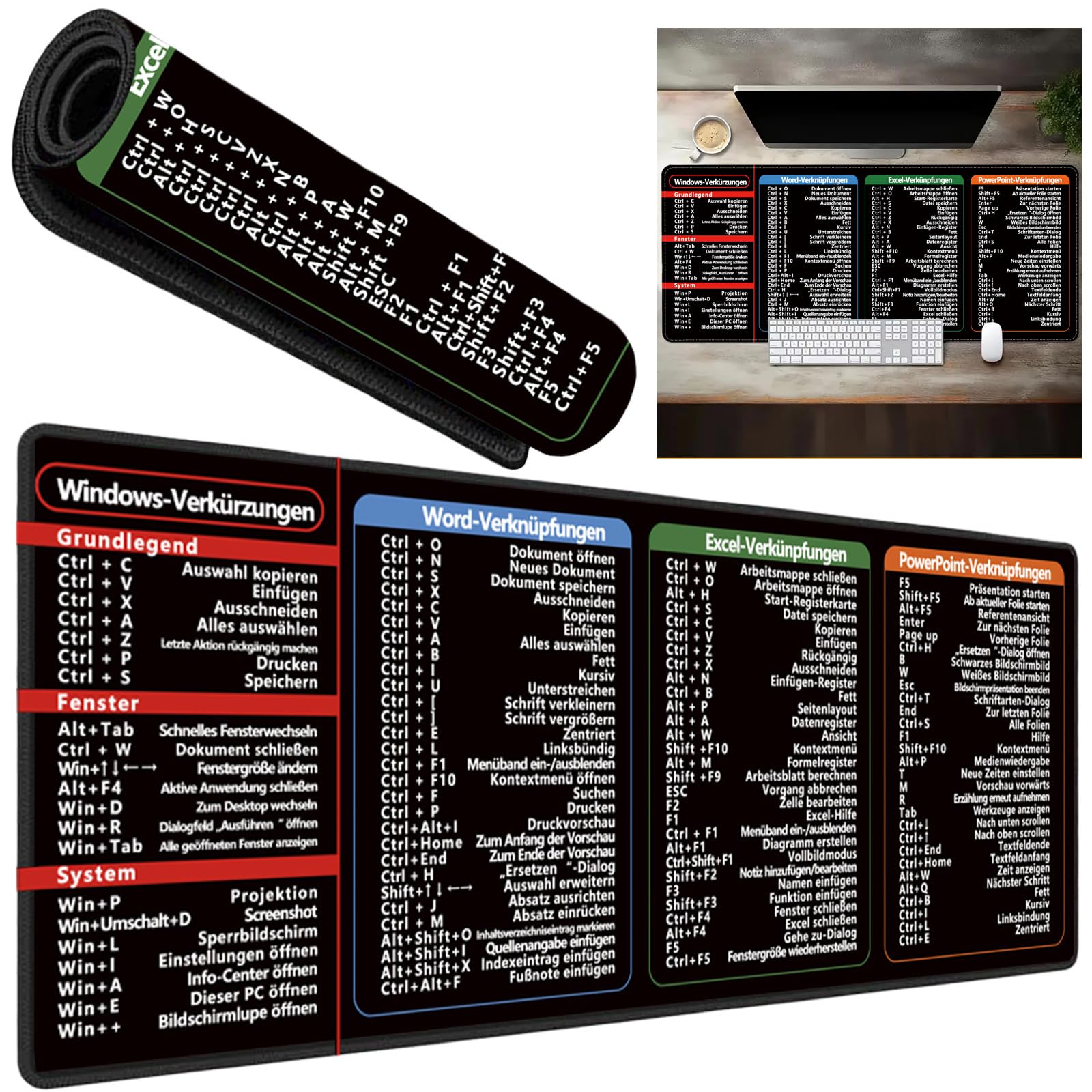Mauspad XXL, Excel Schreibtischunterlage Deutsch, Gaming Mousepad 600 x 300 MM für Word PPT Windows, Verbessert Geschwindigkeit Mauspad groß Anti Rutsch Schreibtischunterlage für Zuhause Büro