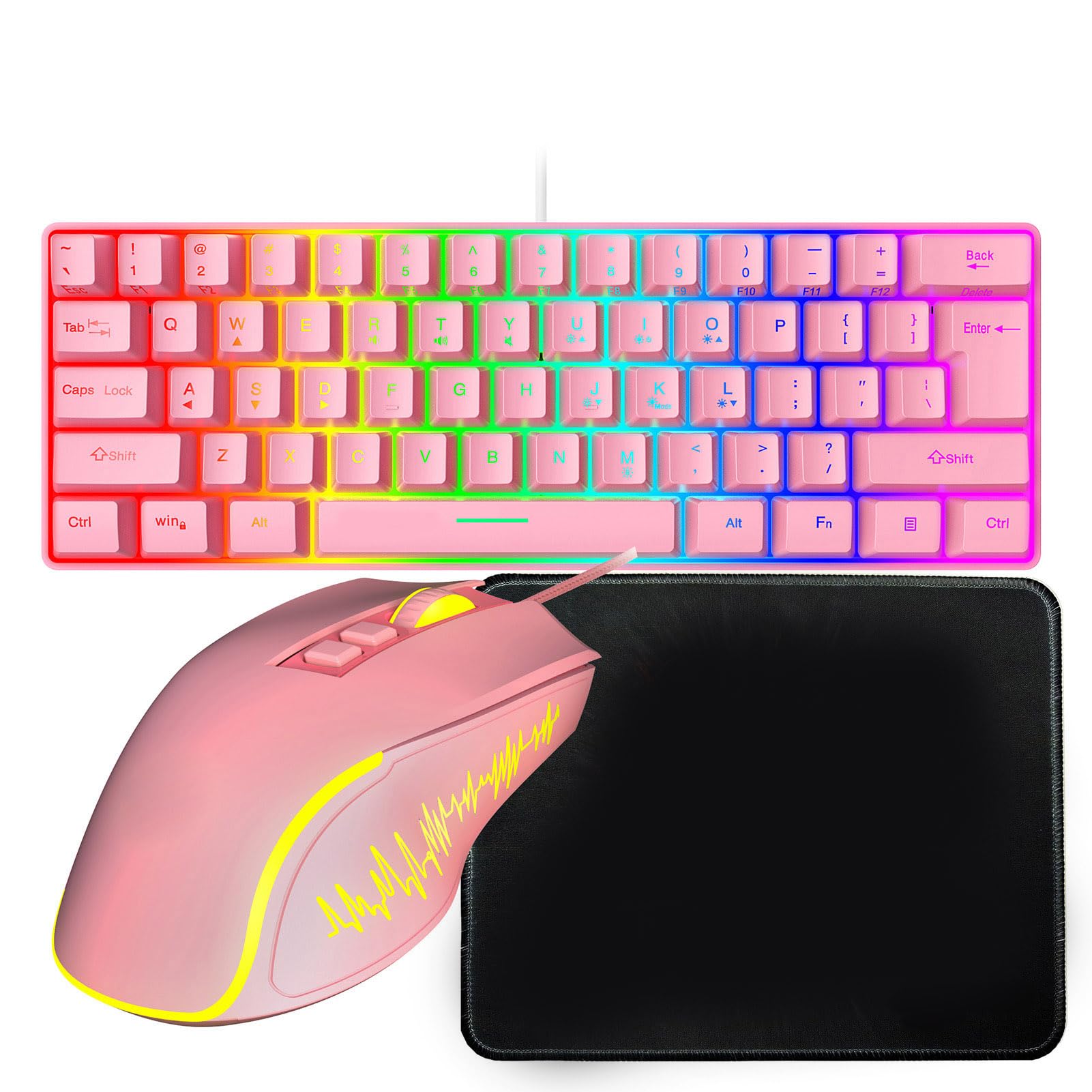 Kabelgebundenes Gaming-Tastatur- und Maus-Set, RGB-Hintergrundbeleuchtung, 61 Tasten, Mechanische Tastatur mit Mauspad, PC-Gaming-Zubehör (Rosa Set)