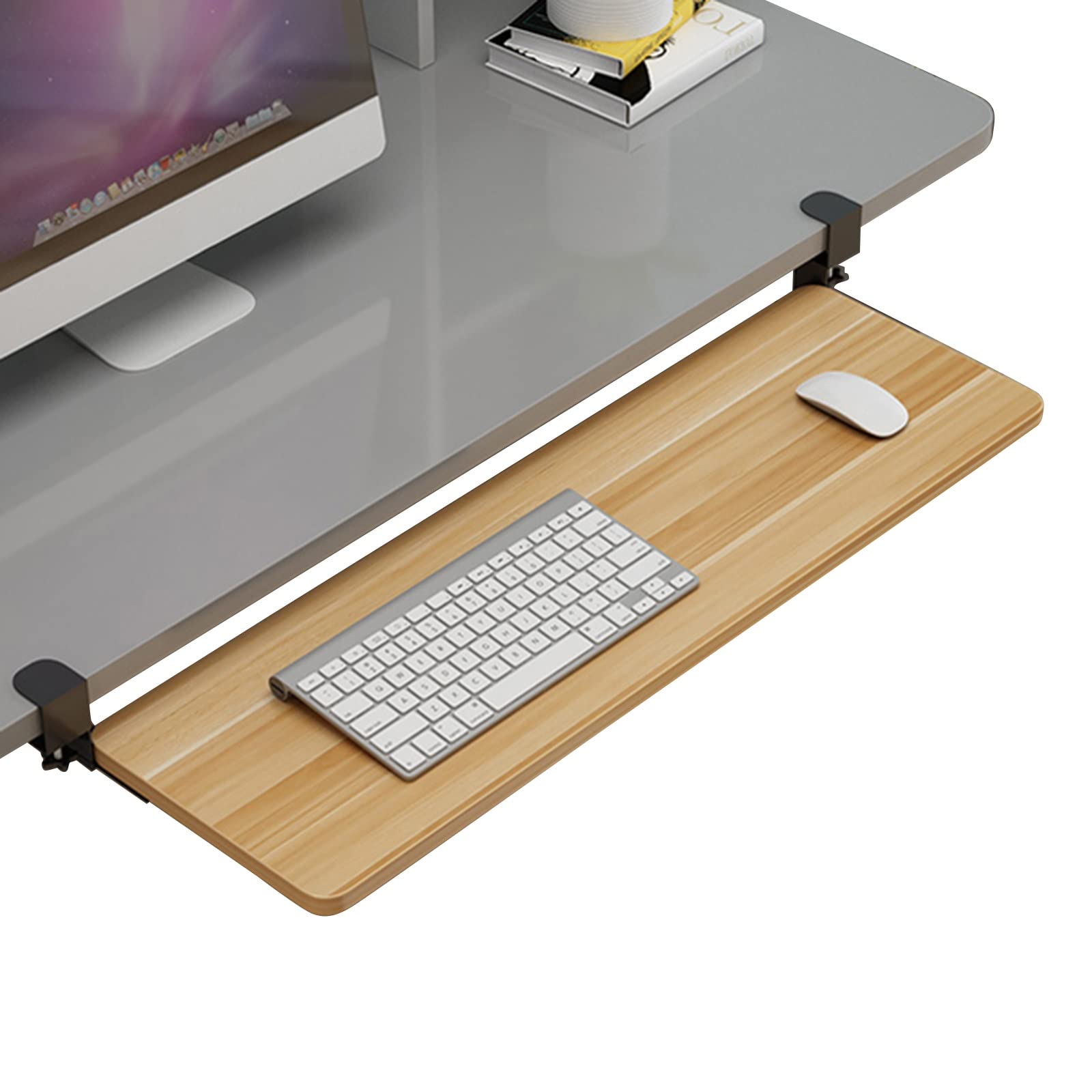 Erweiterbare Tastaturablage unter dem Schreibtisch, verstellbare Maus- und Zubehörablage, Walnussholz-Finish, 65 x 25 cm, platzsparende Lösung für Heimbüro und Gaming-Setup