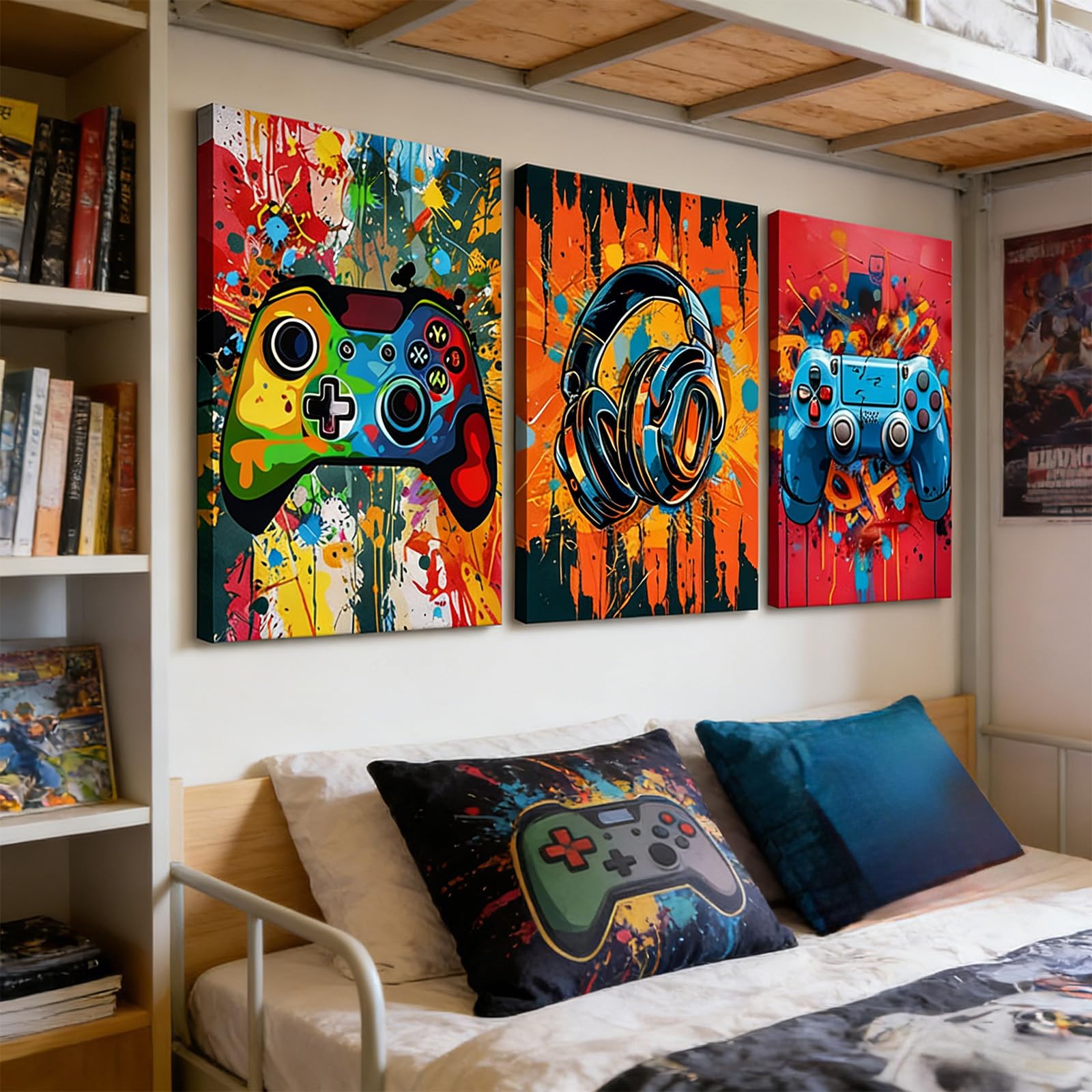 Xiyocadt 3 Stück Gaming Poster, Gaming Wanddekoration, Teile Bunte Graffiti Wandbilder – Controller & Headset Motiv für Jungen Schlafzimmer & Esports Gamer Raum, Ungerahmt (50 x 70 cm)