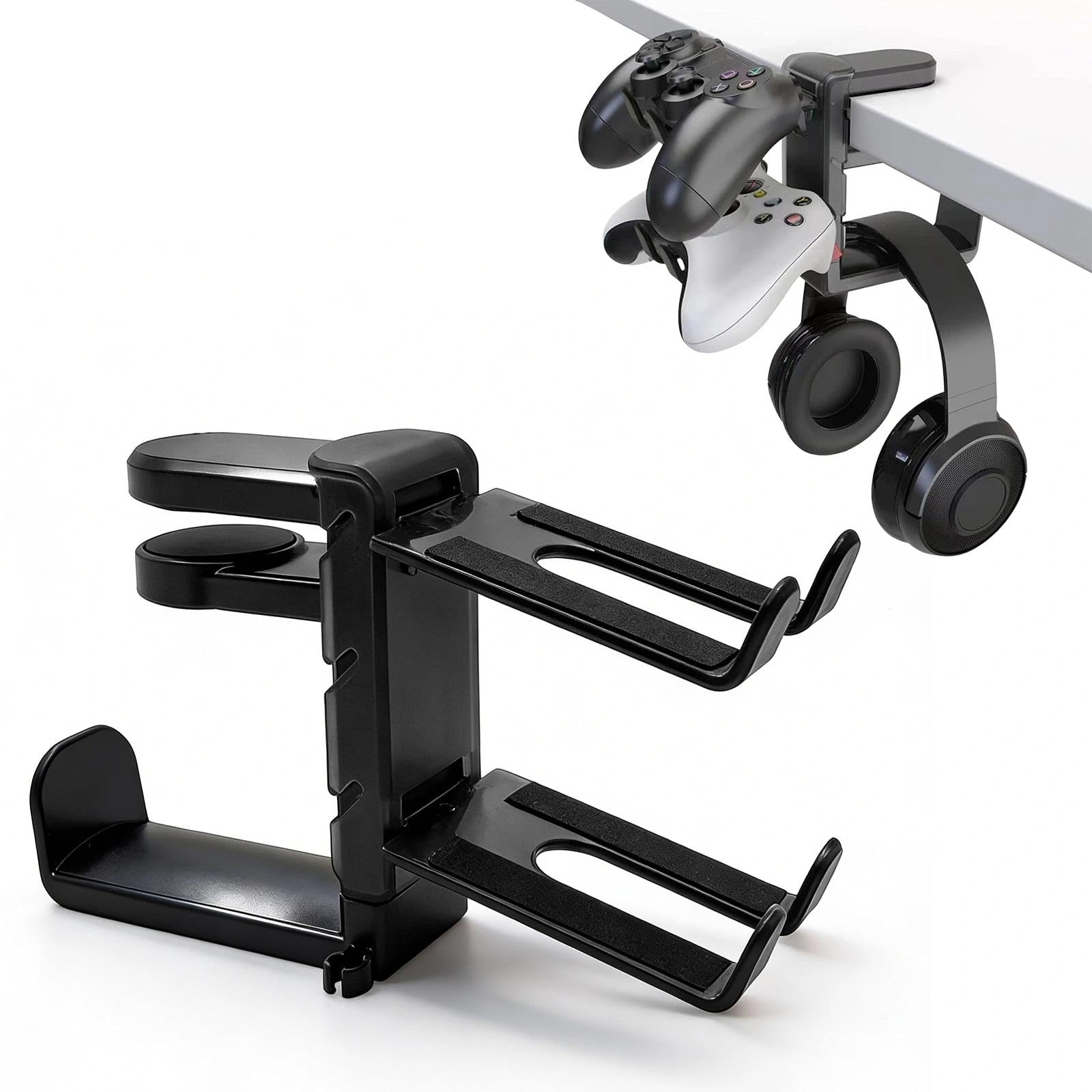3-in-1-Gaming-Headset-Ständer mit Controller-Halterungen, zum Anklemmen unter dem Schreibtisch, drehbarer Kopfhörer-Aufhänger, verstellbarer PC-Schreibtisch-Kopfhörer-Halter mit Kabel-Organizer