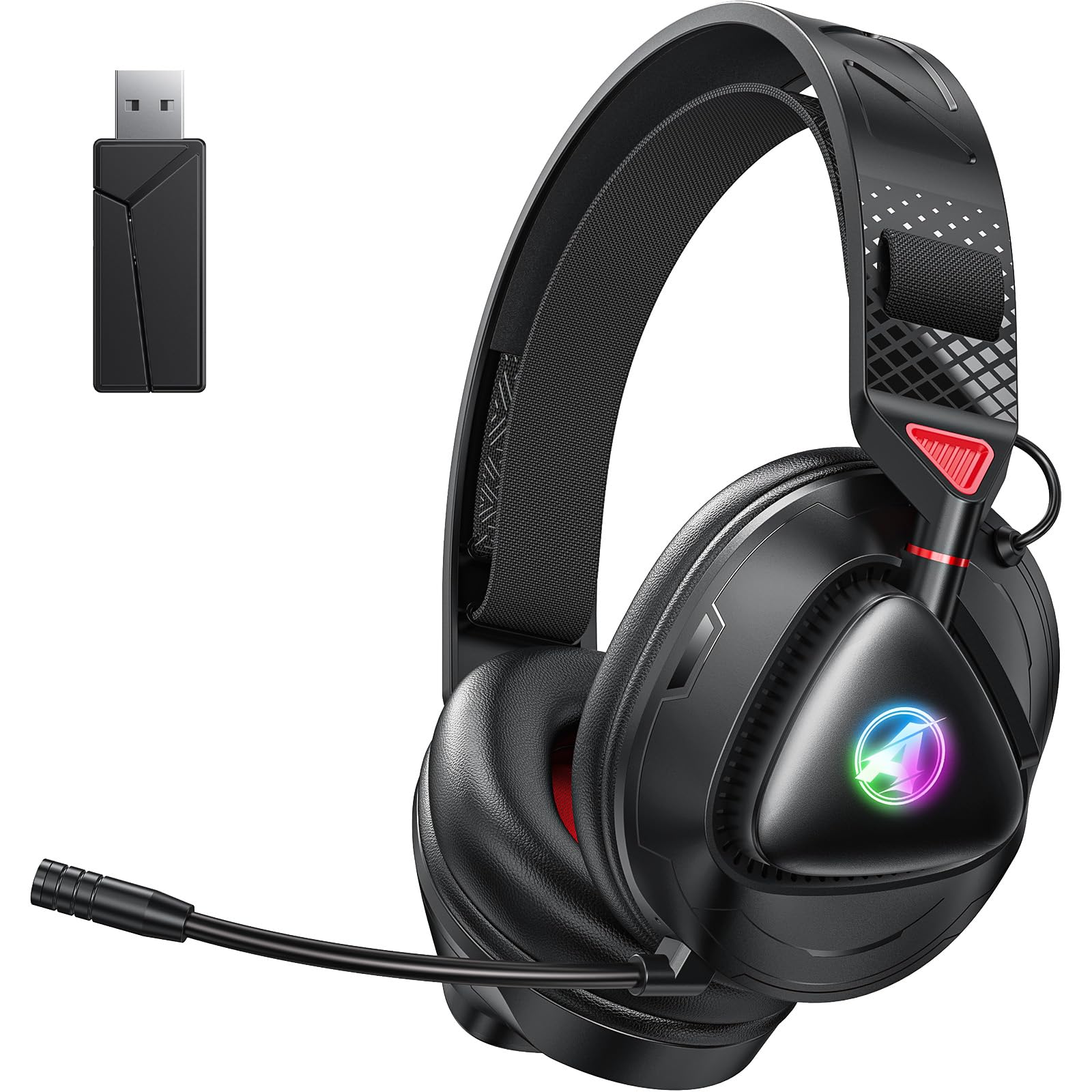 PH3 Wireless Gaming Headset für PS5, PS4, Switch, PC, Mac, Bluetooth Kopfhörer mit Abnehmbarem Mikrofon, Leichtes Bluetooth Headset mit RGB Licht, 50 Stunden Akku, Schwarz Rot