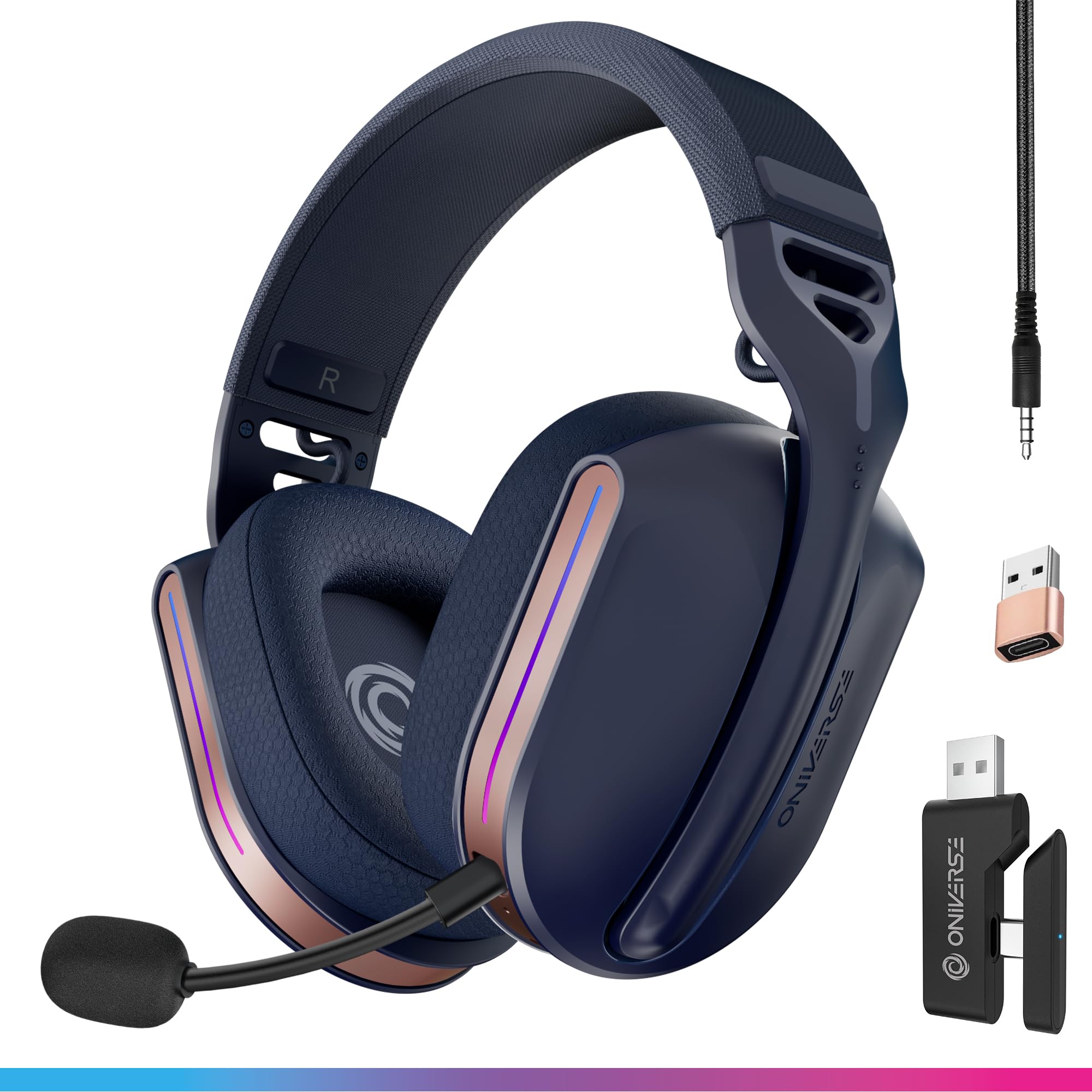 Kabellose Gaming-Headset, kompatibel mit PS5, PS4, Switch, PC, mobil, leicht, LED, geringe Latenz 2,4 GHz oder Bluetooth, Akku 33 Stunden, virtueller Sound, 7.1, Dual-Mikrofon – Polaris (Blau
