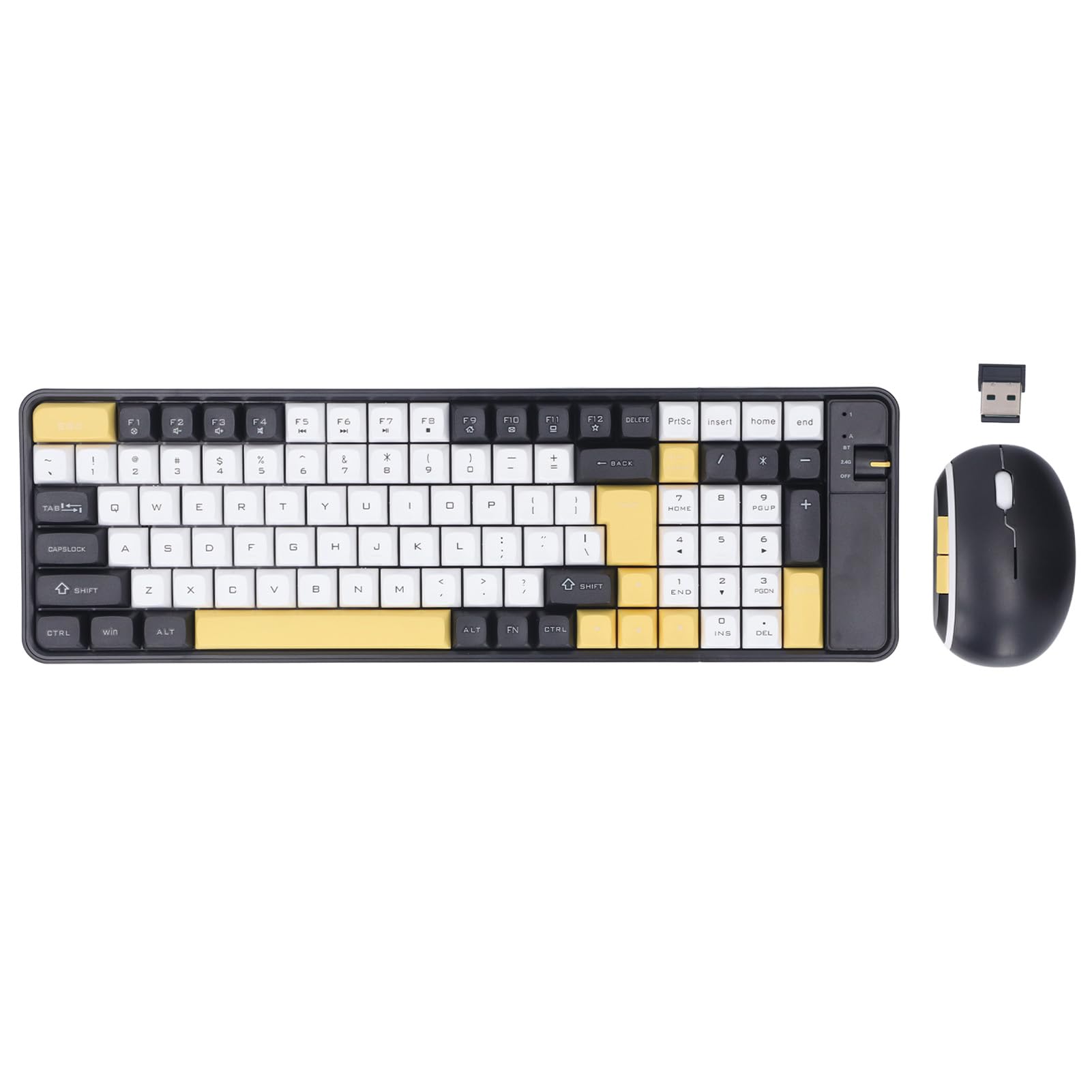 Kabellose Bluetooth-Tastatur und -Maus-Kombination, Dual-Modus, 100 Tasten, ergonomische Gaming-Tastatur, 1600 DPI, Maus-Set für PC, Laptop, Desktop-Computer, ABS, Schwarz (Gelb)