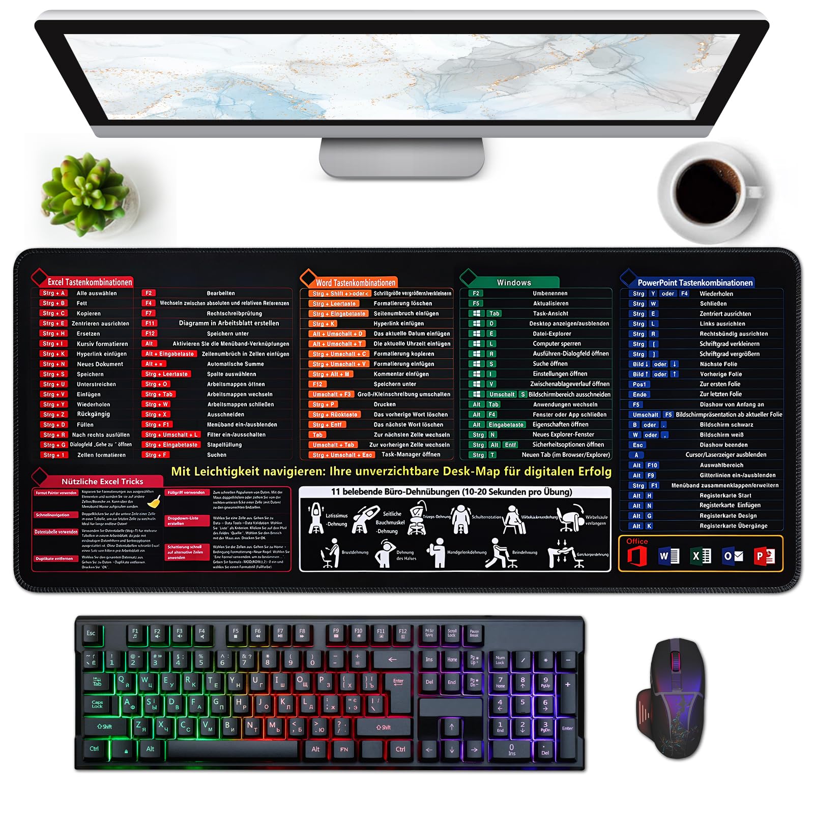 Excel Mauspad Großformatige Schreibtischunterlage mit Tastaturkürzeln - 800×300×3mm Excel-Shortcuts Mousepad Deutsch Gaming Mousepad Kurzbefehlen Anti-Rutsch Dest Mat für Büro Word/Outlook/PowerPoint