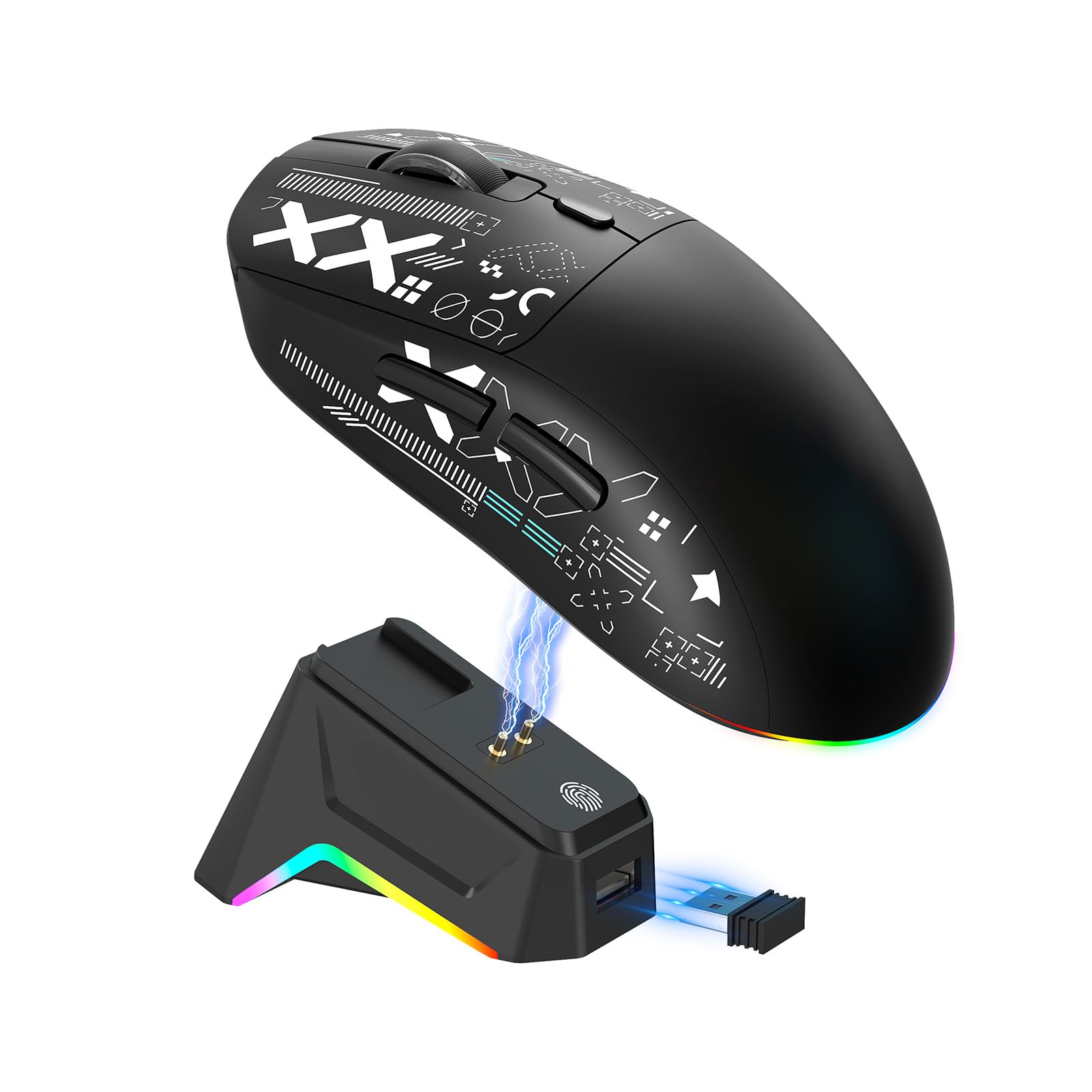 Goshyda Kabellose Gaming-Maus mit Magnetischer Ladestation, 3 Modi, 2,4 GHz BT 5.3, Kabelgebundene, Leise RGB-Lichtmaus, 7 Programmierbare Tasten, für Laptop-Desktop-PC (Black)