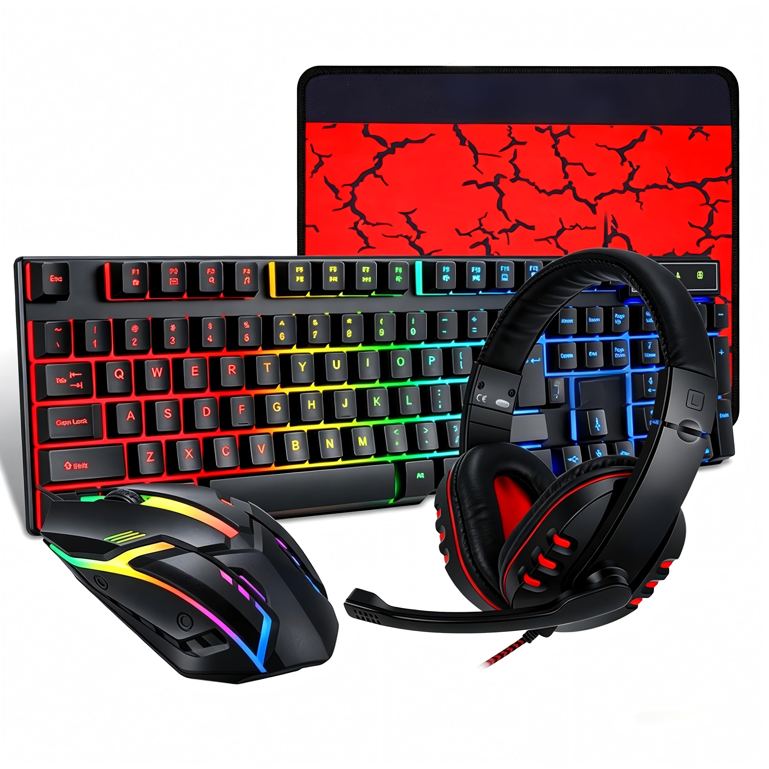 Gaming Tastatur Maus Headset Set mit Mousepad 4 in 1 RGB Gaming Combo Set für PC/PS4/Xbox-Gamer, RGB Beleuchtete Tastatur, 4 Farben LED Gaming Maus, 3,5-mm-Gaming-Kopfhörer