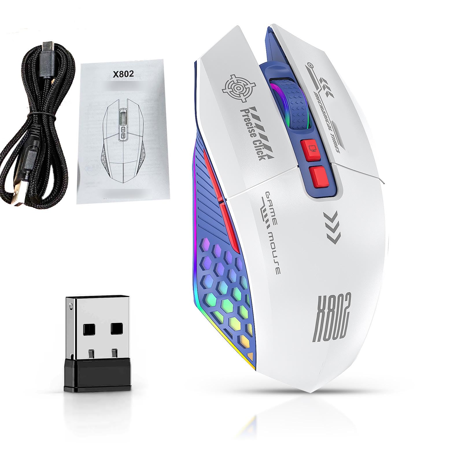 banapoy RGB-Gaming-Maus, Kabelgebunden, BT 2,4 G, 3 Modi, Konnektivität mit Ergonomischem Design, PC-Gaming-Maus für Computer, Arbeit, Büro, Zuhause, PC-Zubehör (Weiß Blau)