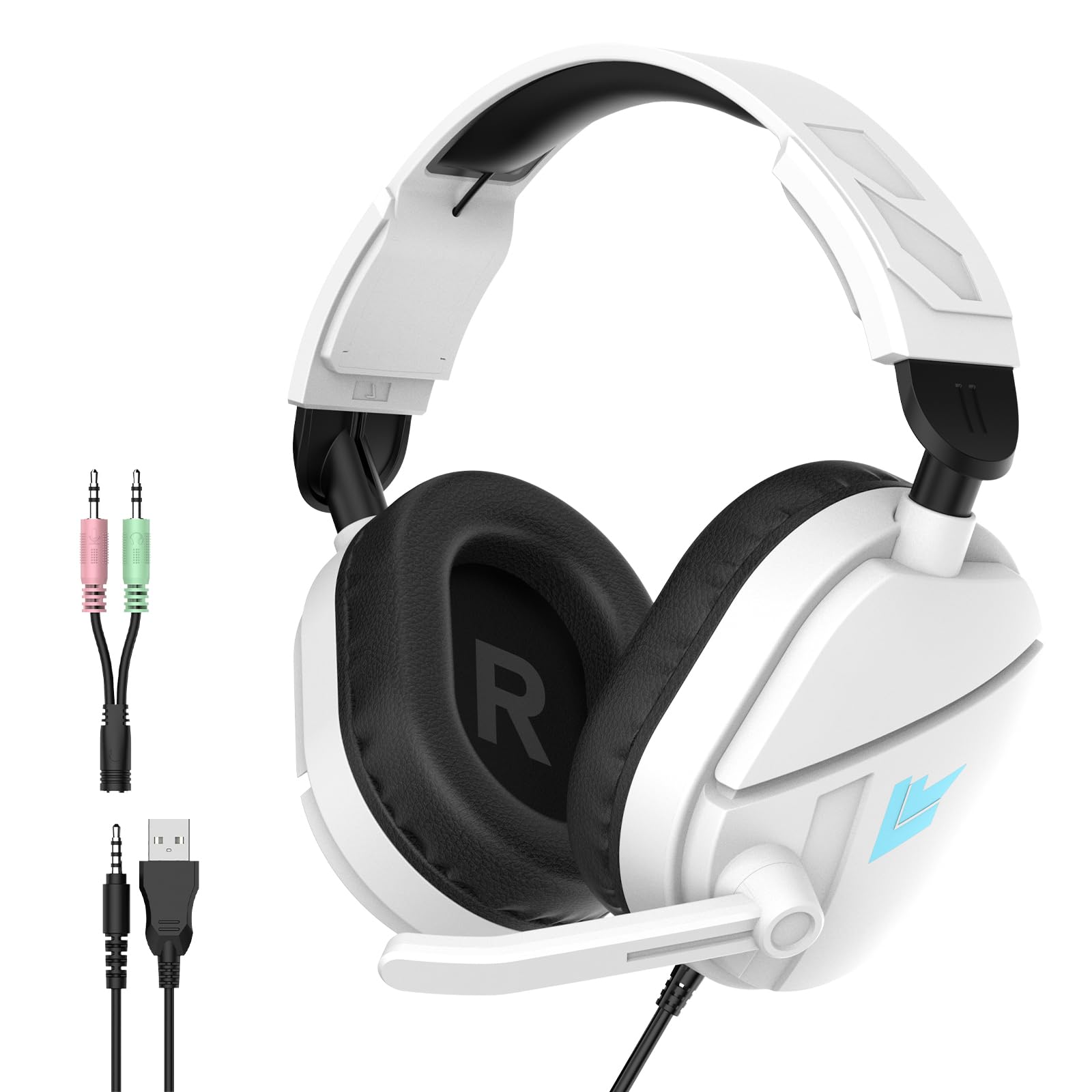 QXQ Wired Gaming Headset für PS5/PS4/PC/Switch, 3,5mm Over-Ear Kopfhörer mit Noise-Canceling-Mic, RGB Light, Deep Bass Stereo Surround Sound, Soft Memory Foam Ohrpolster, All-Day Comfort, Dunkles Weiß