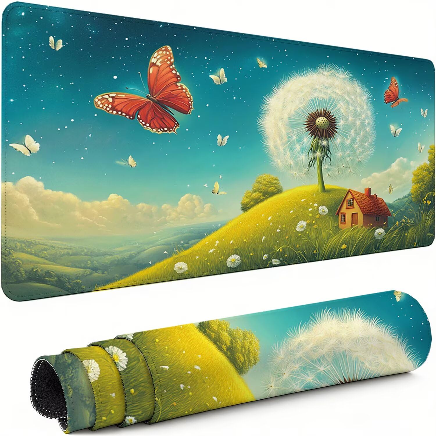 Gaming Mauspad XXL 1600x800x3mm Löwenzahn Mousepad, Große Speed rutschfeste Schreibtischunterlage Schmetterling Verbessert Präzision und Geschwindigkeit mit Stoßdämpfung für Tastatur und Maus xg-383
