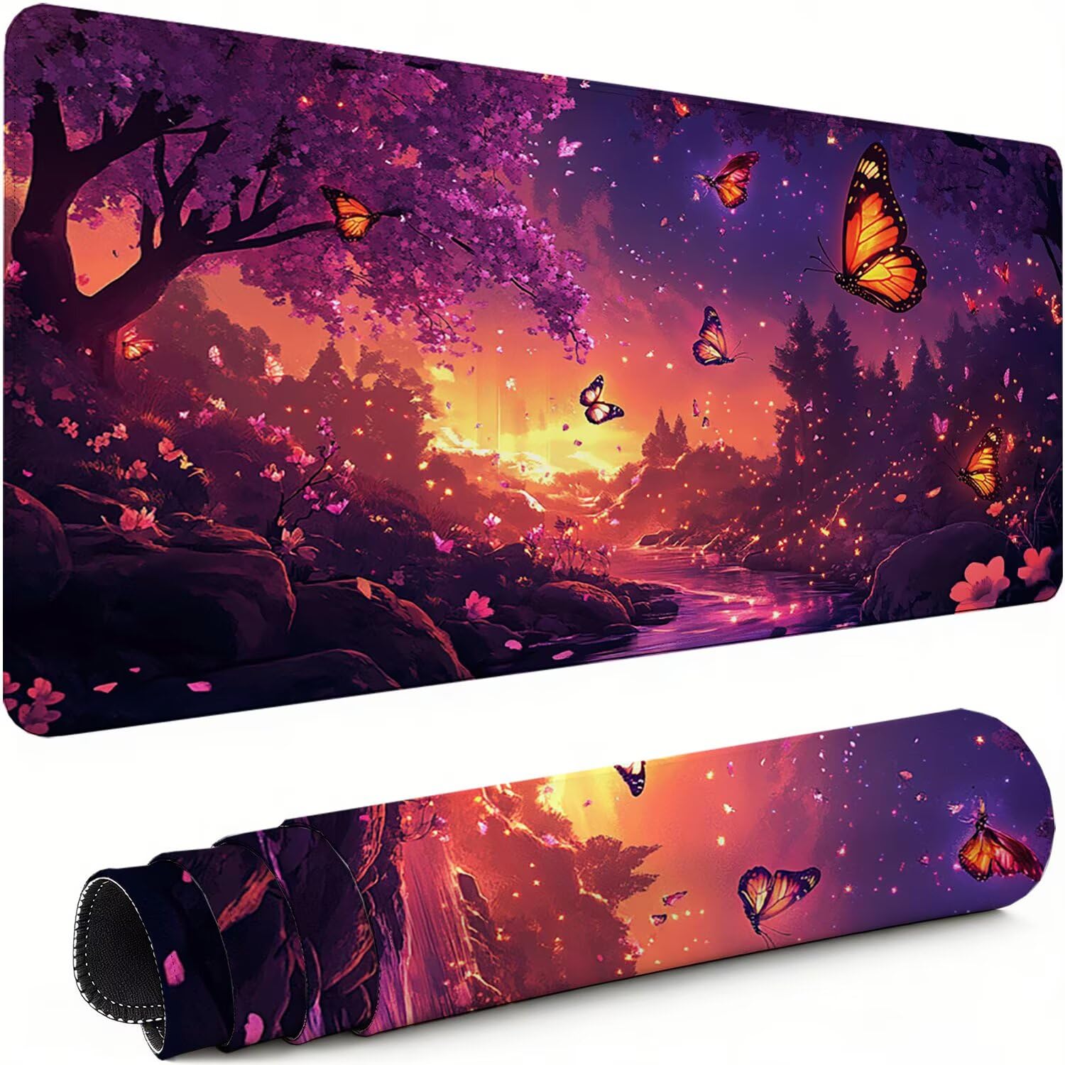 Gaming Mauspad XXL 1600x800x3mm Baum Mousepad, Große Speed Rutschfeste Schreibtischunterlage Schmetterling Verbessert Präzision und Geschwindigkeit mit Stoßdämpfung für Tastatur Maus Homeoffice xg-389