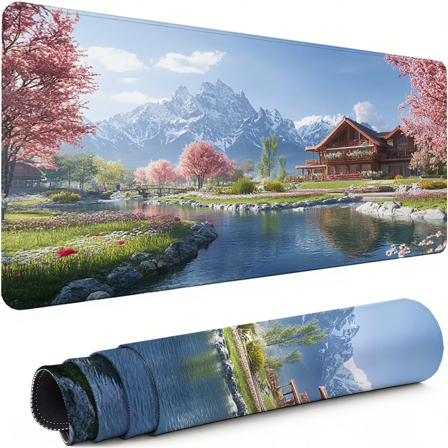 Gaming Mauspad XXL 1600x800x3mm Kirschblüten Mousepad, Große Speed rutschfeste Schreibtischunterlage Landschaft Verbessert Präzision und Geschwindigkeit mit Stoßdämpfung für Tastatur und Maus xg-395