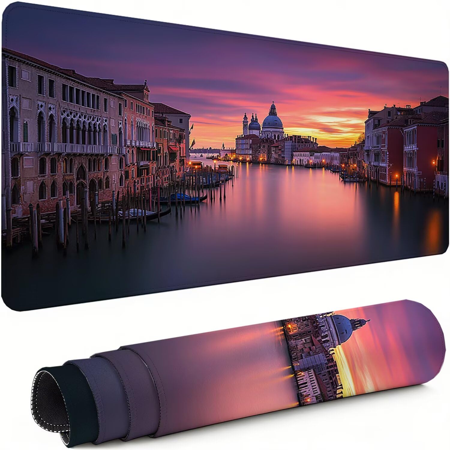 Gaming Mauspad XXL 1600x800x3mm Wasserstadt Mousepad, Große Speed rutschfeste Schreibtischunterlage Architektur Verbessert Präzision und Geschwindigkeit mit Stoßdämpfung für Tastatur und Maus xg-407