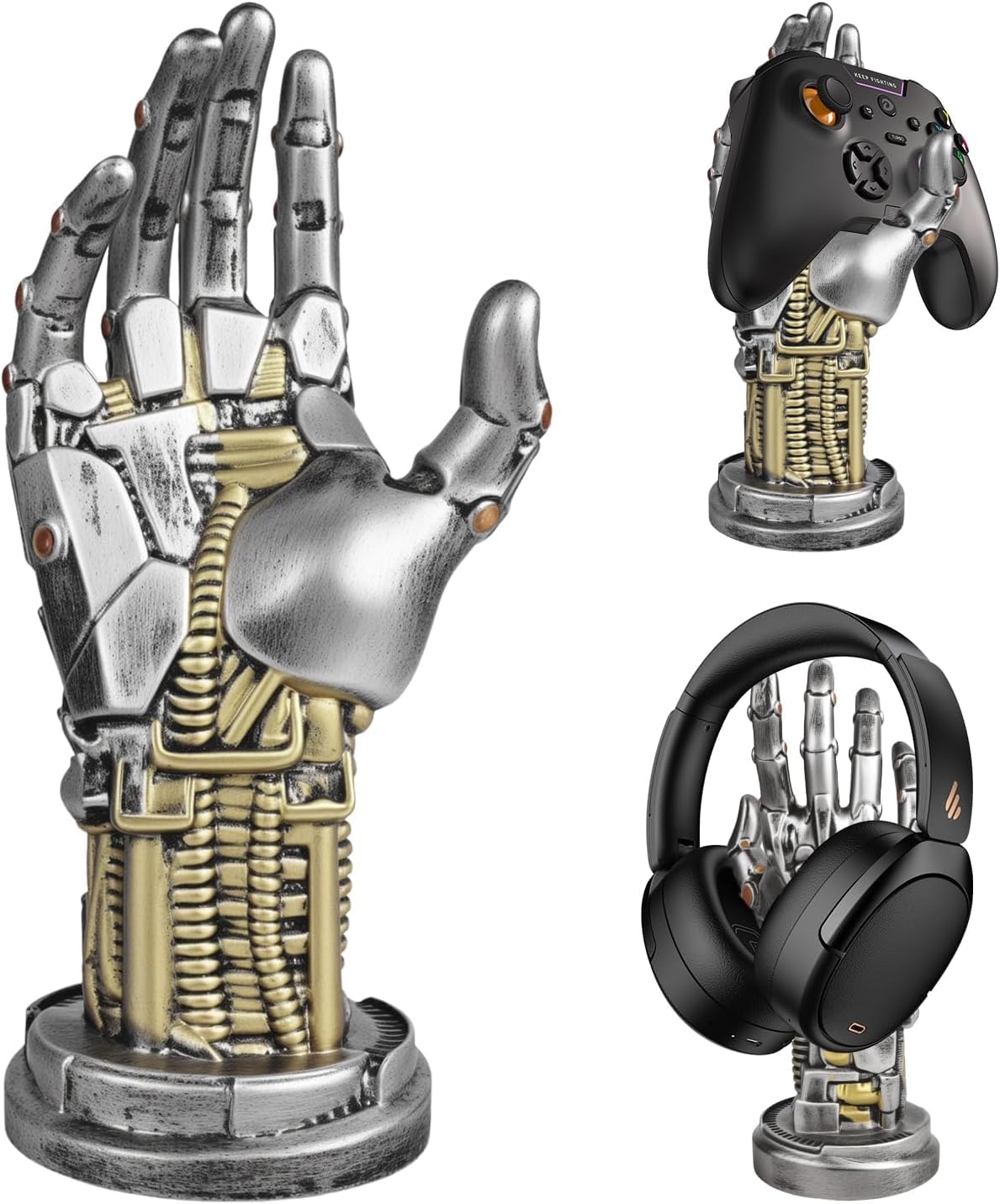 Cyberpunk Kopfhörerstände, Gaming Headset Halterung und Controller Ständer, Futuristisches Harzdesign in Metalloptik, Gamer Zubehör für Schreibtischorganisation