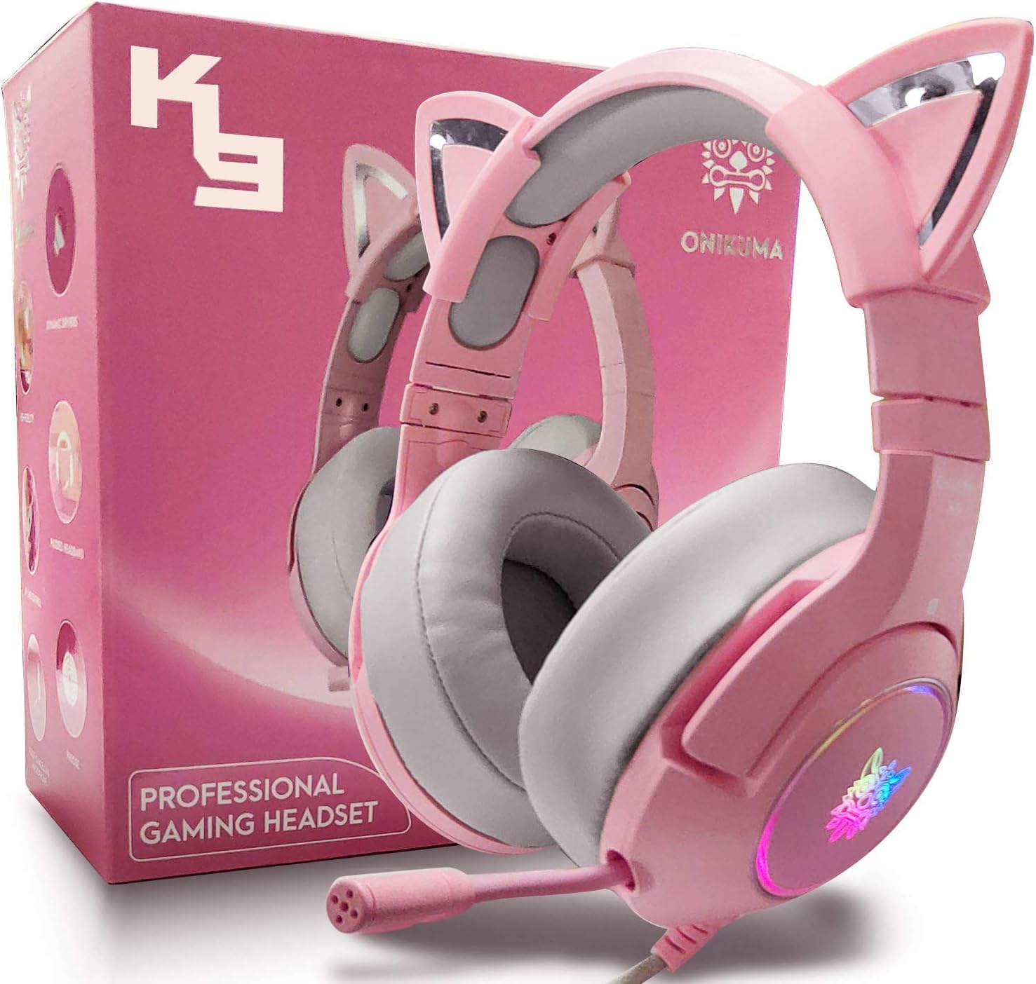 OHAANYY Gaming Headset für PS4,PS5,PC,Xbox One,Gamer Kopfhörer 7.1 Surround Sound Einstellbares Mikrofon,Kabelgebundenes Gaming Esport Headphones Katzenohr mit RGB LED Lichter (pink)
