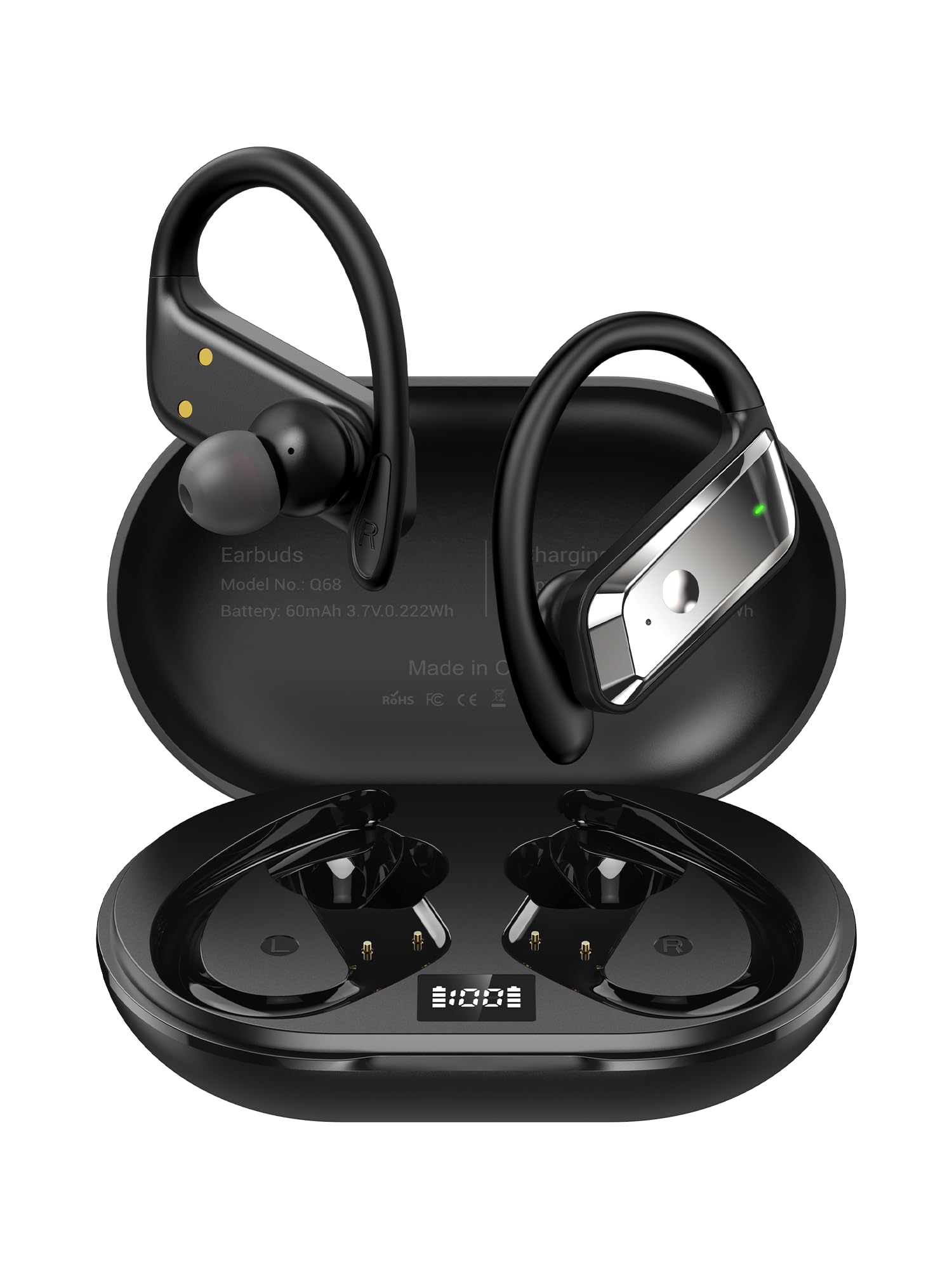 Wireless Earbuds Sport Bluetooth 5.3 Kopfhörer mit Ohrbügel, 48H Spielzeit, LED-Display, Low Latency Game Mode, IPX7 Wasserdicht Over-Ear Ohrhörer für Laufen, Fitnessstudio, Gaming