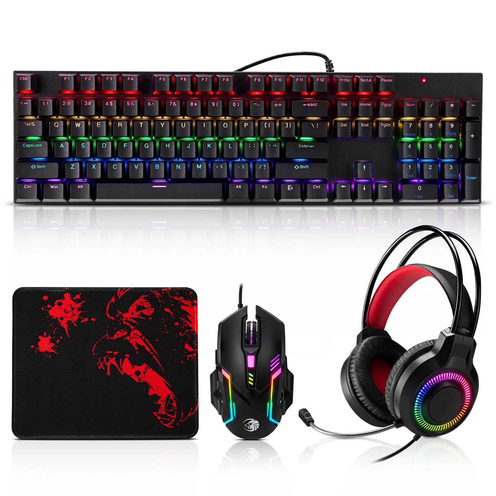Mechanische Gaming-Tastatur, Maus und Mauspad und Gaming-Headset, kabelgebundenes LED-RGB-Hintergrundbeleuchtungs-Set für PC-Gamer und Xbox- und PS4-Benutzer – 4-in-1-Edition