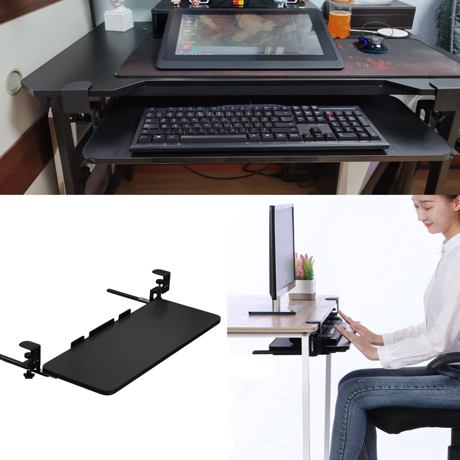 Verstellbare Tastaturablage mit Klemme, Schiebeschublade für Tastatur & Maus, Design, 750 x 250 mm, perfekt für Home Office und Gaming Setup
