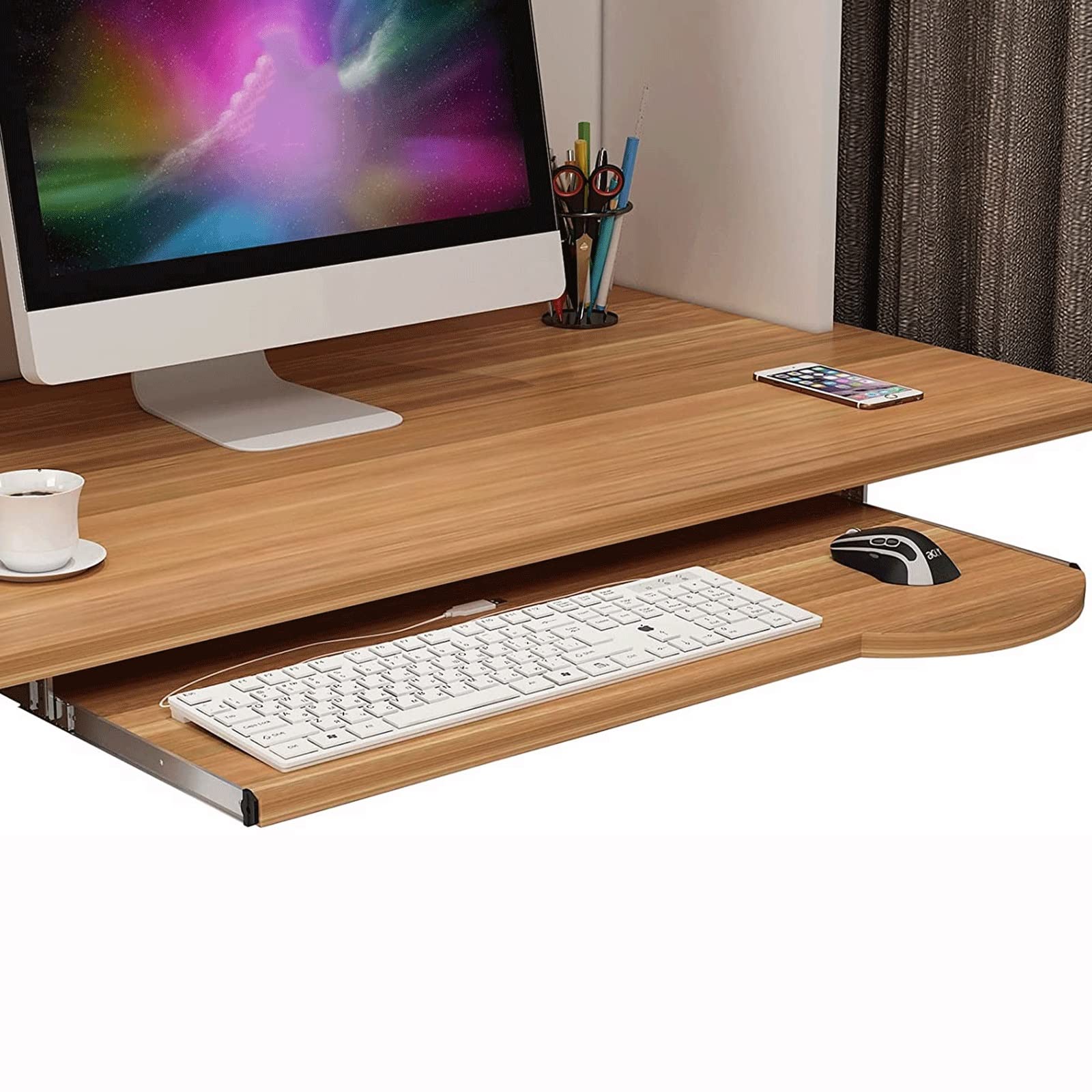 Verstellbare Tastaturablage aus Holz unter dem Schreibtisch, Schieberegal für Tastatur und Maus, Schubladenverlängerung, platzsparendes Design, 70 x 26 cm, ideal für Home Office & Gaming