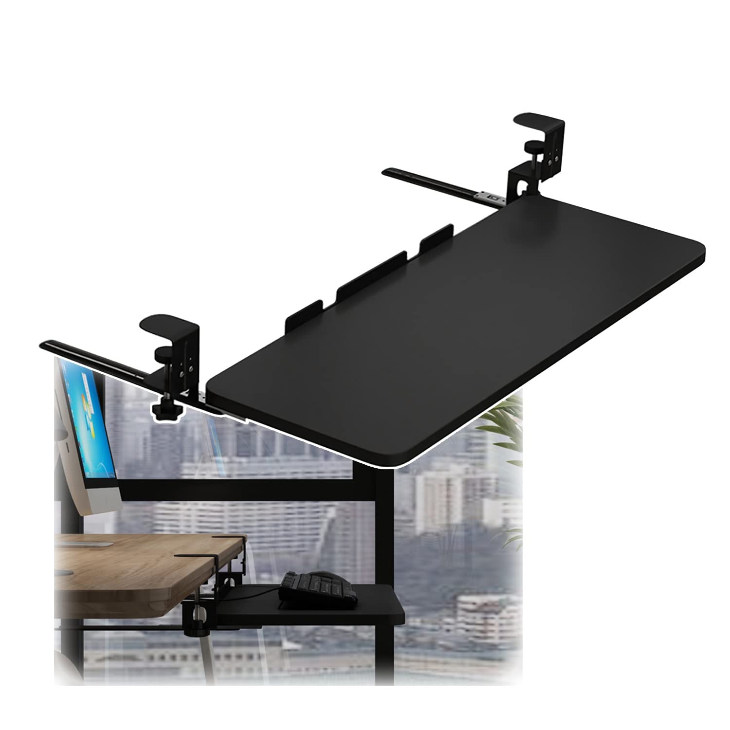 Tastaturablage mit Schublade für Tastatur und Maus, verstellbare Klemme, natürliches Finish, 520 mm x 250 mm – Design für Home Office & Gaming Setup