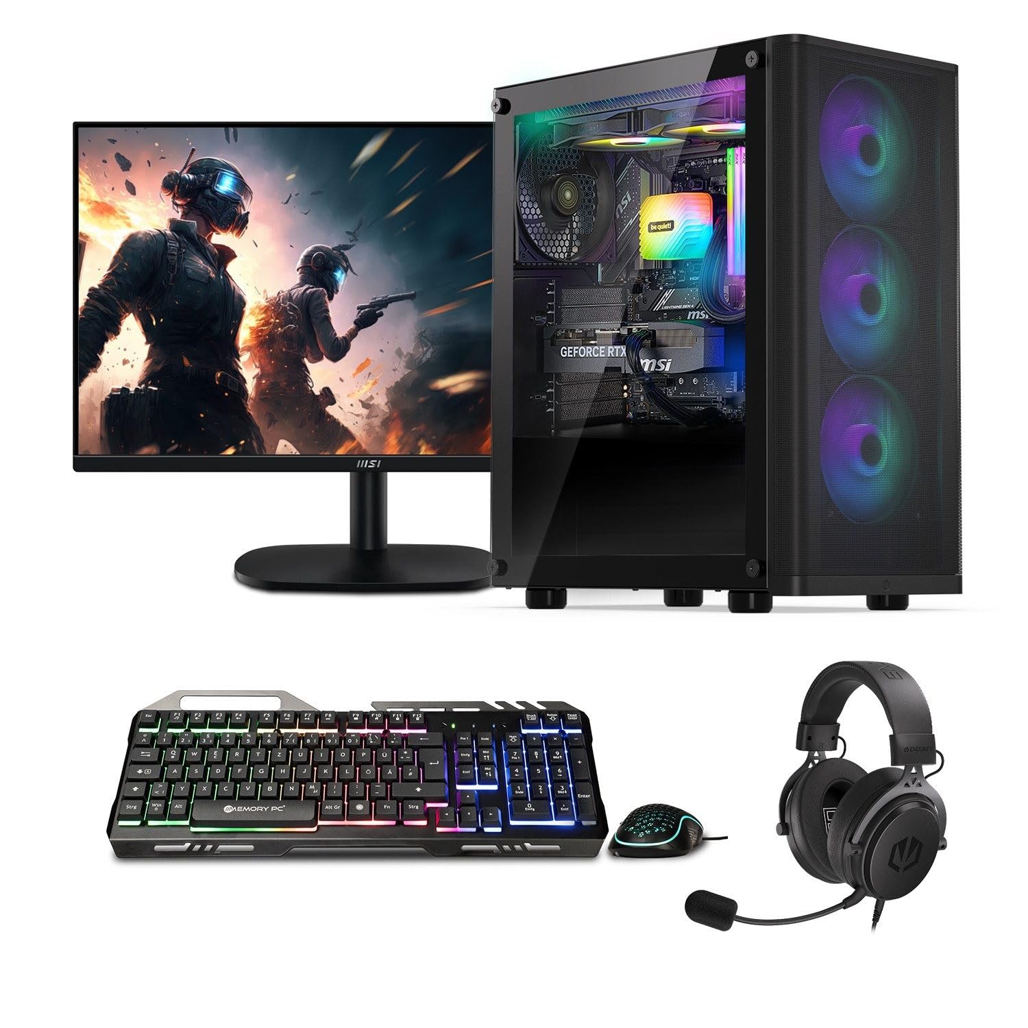 Basic Gaming Komplett PC Set Ryzen 7 5700G, 16 GB DDR4, 1000 GB SSD M.2, Windows 11 Pro 64bit + 24 Zoll 100hz Gamer Monitor + Tastatur, Maus, Headset Bundle, WLAN