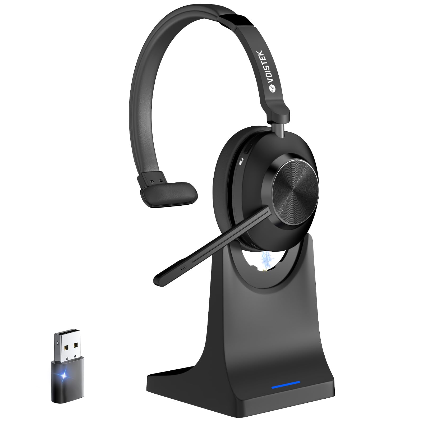 Voistek Kabelloses Bluetooth Headset mit Mikrofon & Rauschunterdrückung, USB Dongle für PC, Ladestation und Mikrofon Stummschaltung für Büro, Meeting, Call Center, Homeoffice, Computer, Schwarz