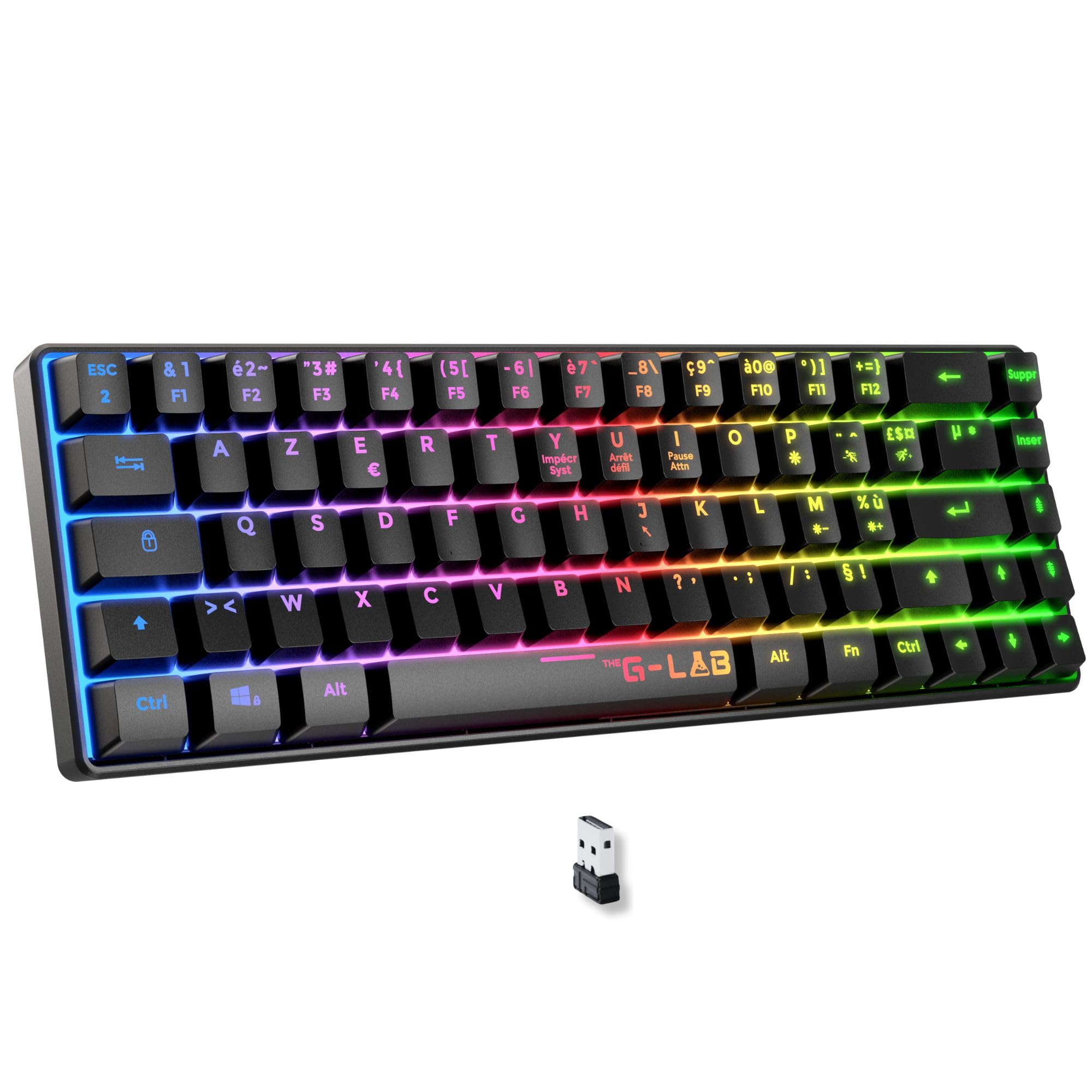 The G-Lab Keyz Hydrogen WL Gaming-Tastatur, kabellos, 60% AZERTY, Triple Modus, 2,4 GHz, Bluetooth, kabelgebunden, leise, RGB-Gaming-Tastatur, PC, PS4, PS5, Schwarz