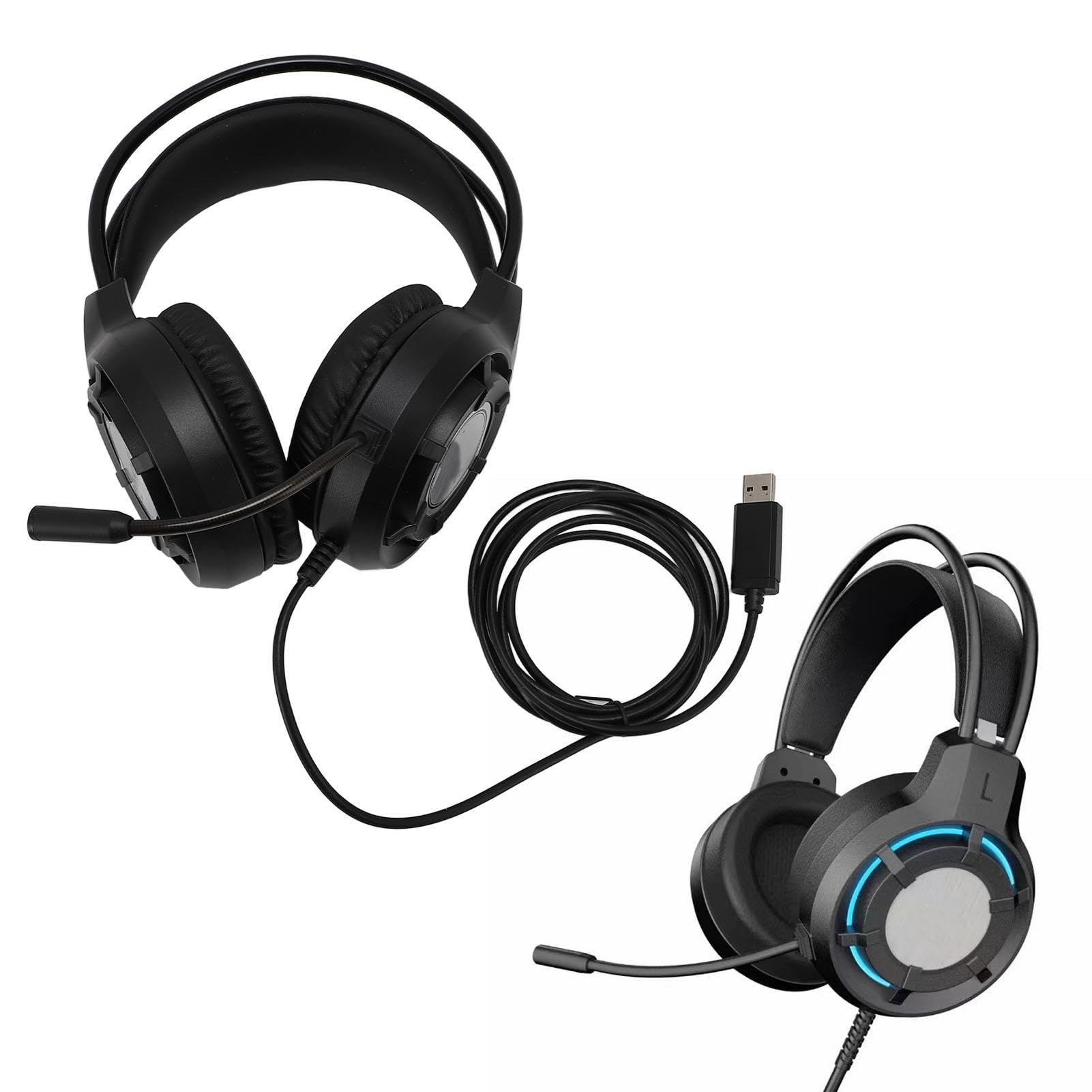 Gaming Headset mit RGB-Leuchten und Mikrofon, USB PC Kabelgebundenes Over-Ear Gaming Headset, 2m Kabel, Aktive Geräuschreduzierung, Plug und Play für Laptop, Desktop (Schwarz)