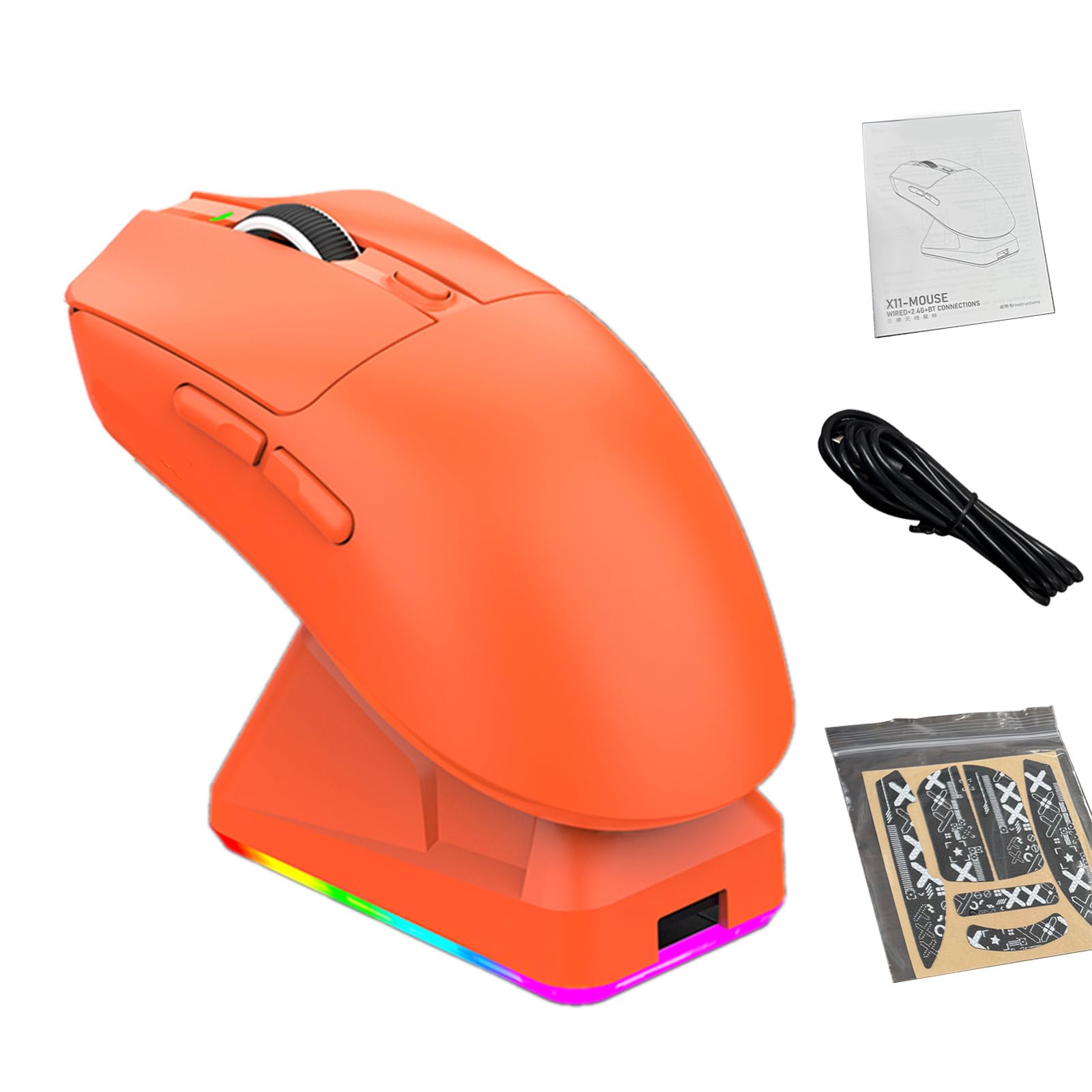 3-Modi-Gaming-Maus mit Ladestation, Leichte Maus mit Einstellbarem 800-12000 DPI und RGB-Licht, für Büro- und PC-Nutzung (ORANGE)