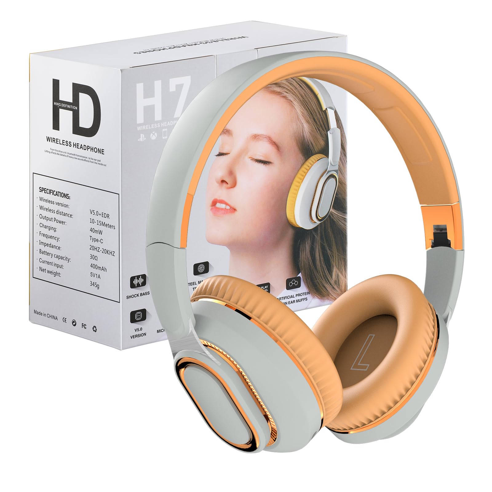 Bluetooth-Kopfhörer, faltbar, kabellos, Over-Ear-Kopfhörer mit verstecktem Mikrofon für Handy, Laptop, PC, geeignet für Musik, Schule, Training und Gaming (weiß)
