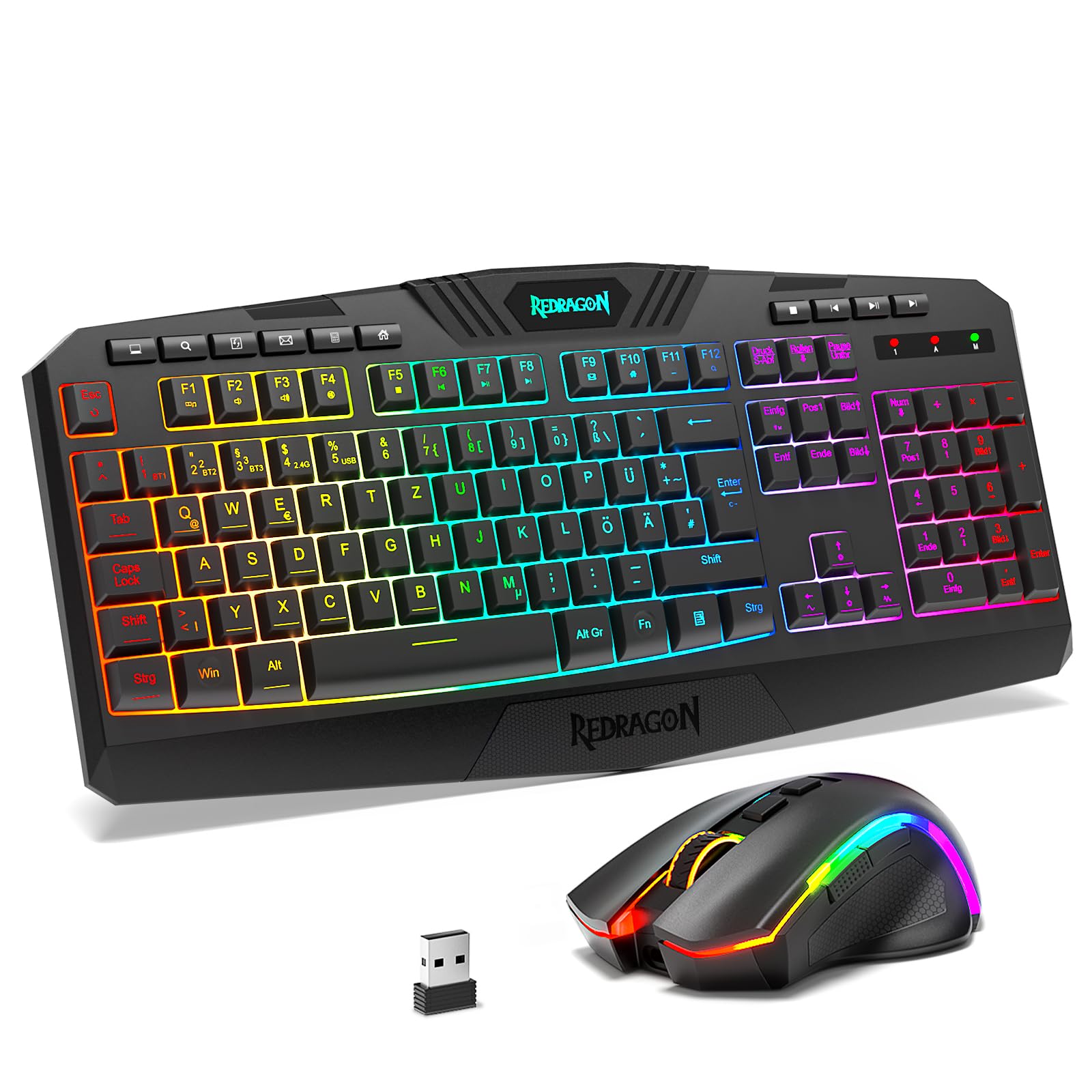 Redragon S101M-KS Kabelloses Gaming Tastatur und Maus mit Tri-Modi, QWERTZ DE Layout, Wiederaufladbarer 4000mAh Akku, RGB Tastatur und 4800 DPI Gaming Maus für Wins, PC, Computer