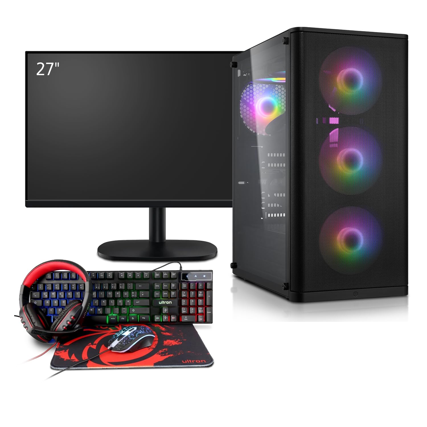 Gaming Komplett PC Set AMD 5700X, NVIDIA RTX 5060 8GB, 32 GB DDR4 RAM, 1TB M.2 SSD, Windows 11 Pro, 27 Zoll 100 Hz Gamer Monitor, Headset, Tastatur, Maus, WLAN
