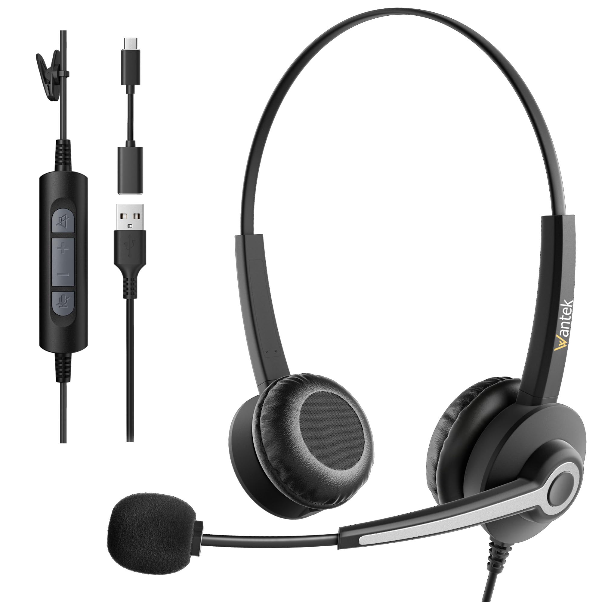 Wantek USB Headset mit Mikrofon für Laptop,PC kabelgebundene Kopfhörer mit USB-C Klinkenadapter,Lautstärkeregler & Geräuschunterdrückung für Call Center,Büro,VoIP & Skype